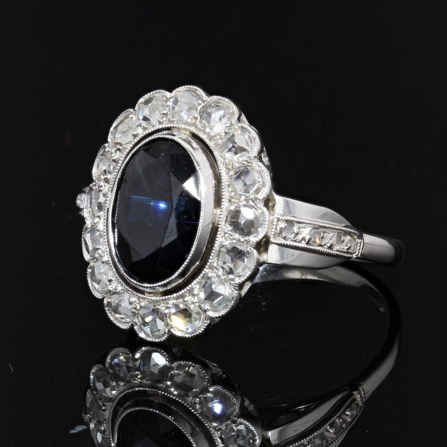 French 1925s Sapphire Diamonds 18 Karat White Gold Cluster Ring 2