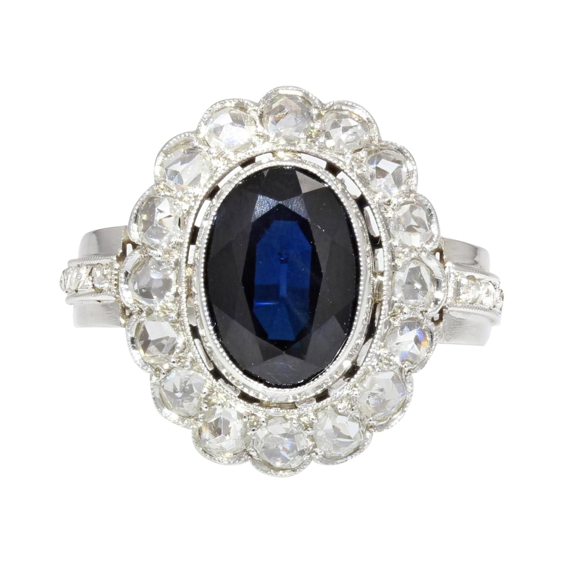 French 1925s Sapphire Diamonds 18 Karat White Gold Cluster Ring