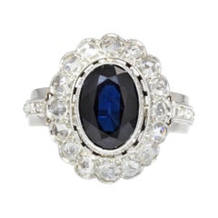 French 1925s Sapphire Diamonds 18 Karat White Gold Cluster Ring