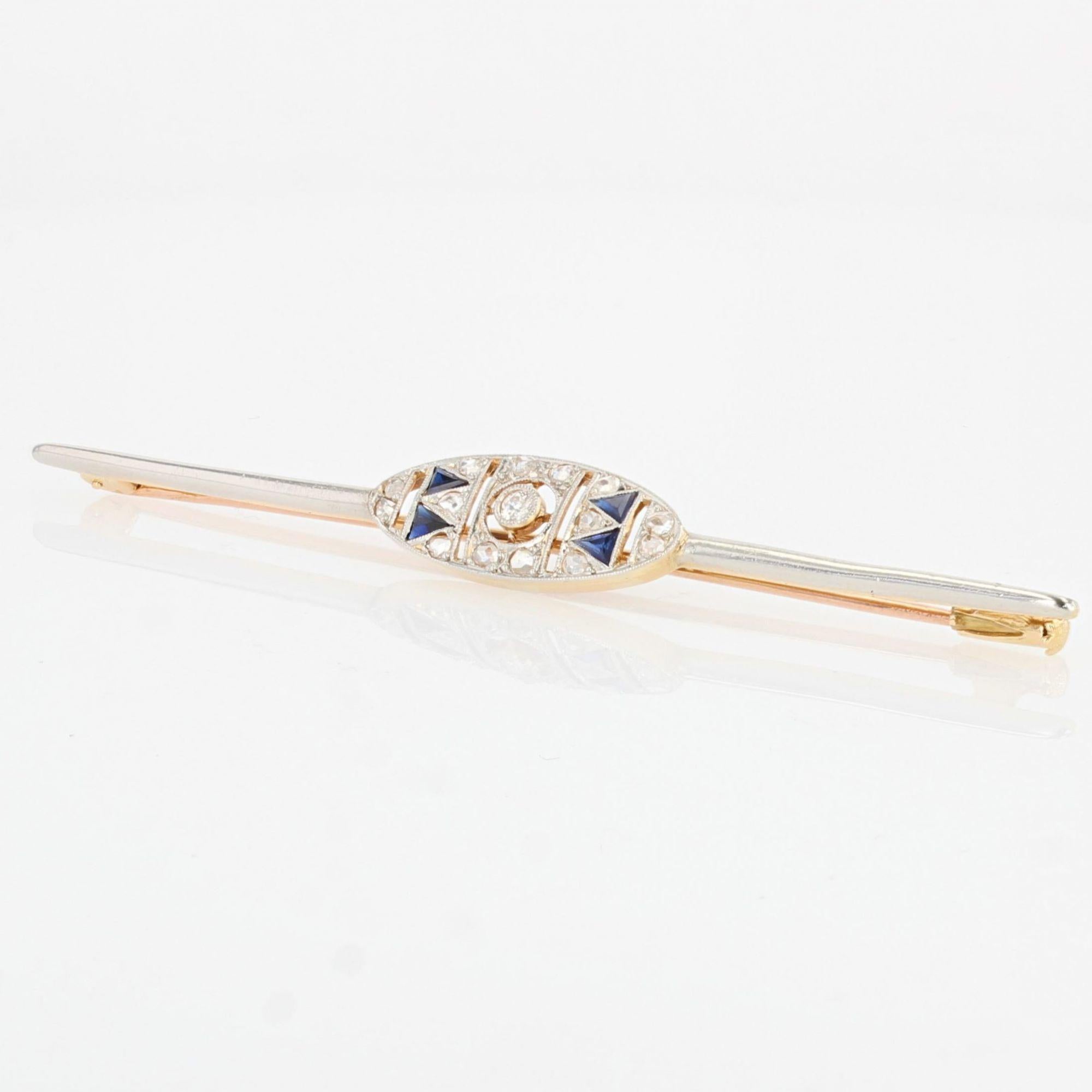 French 1925s Sapphire Diamonds 18 Karat Yellow White Gold Barrette Brooch For Sale 1