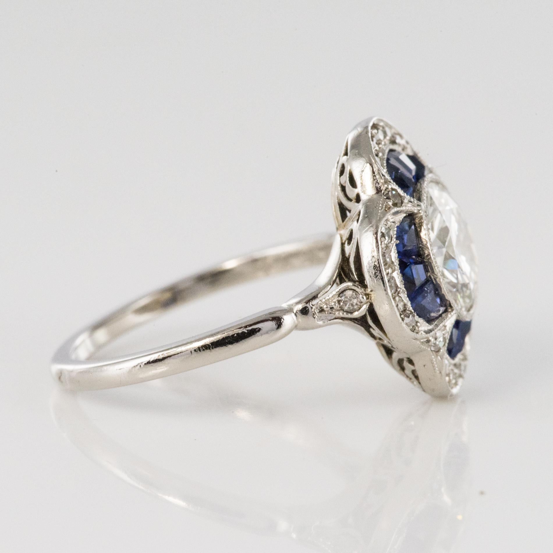 French 1925 Sapphire Diamonds Platinum Ring 7