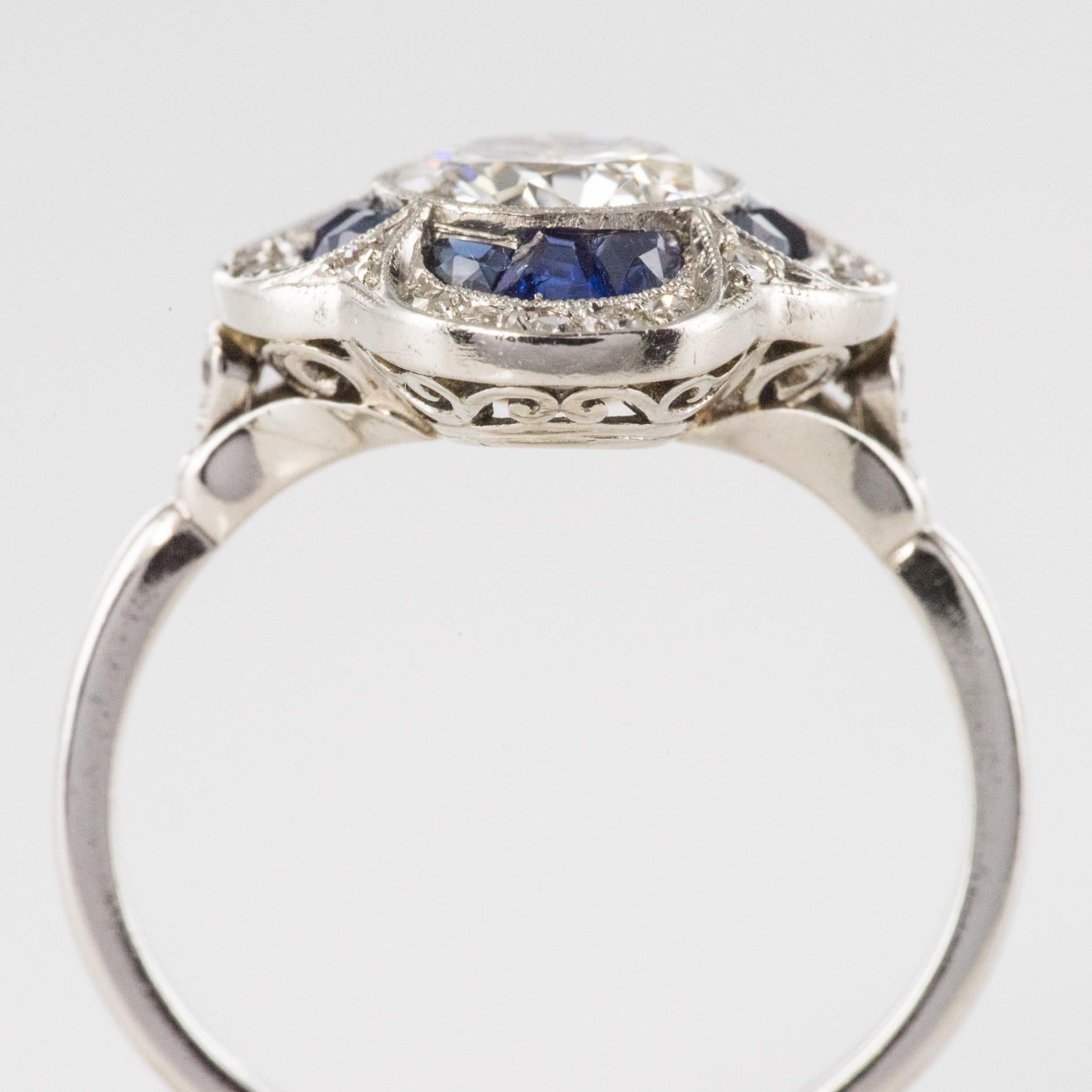 French 1925 Sapphire Diamonds Platinum Ring 9