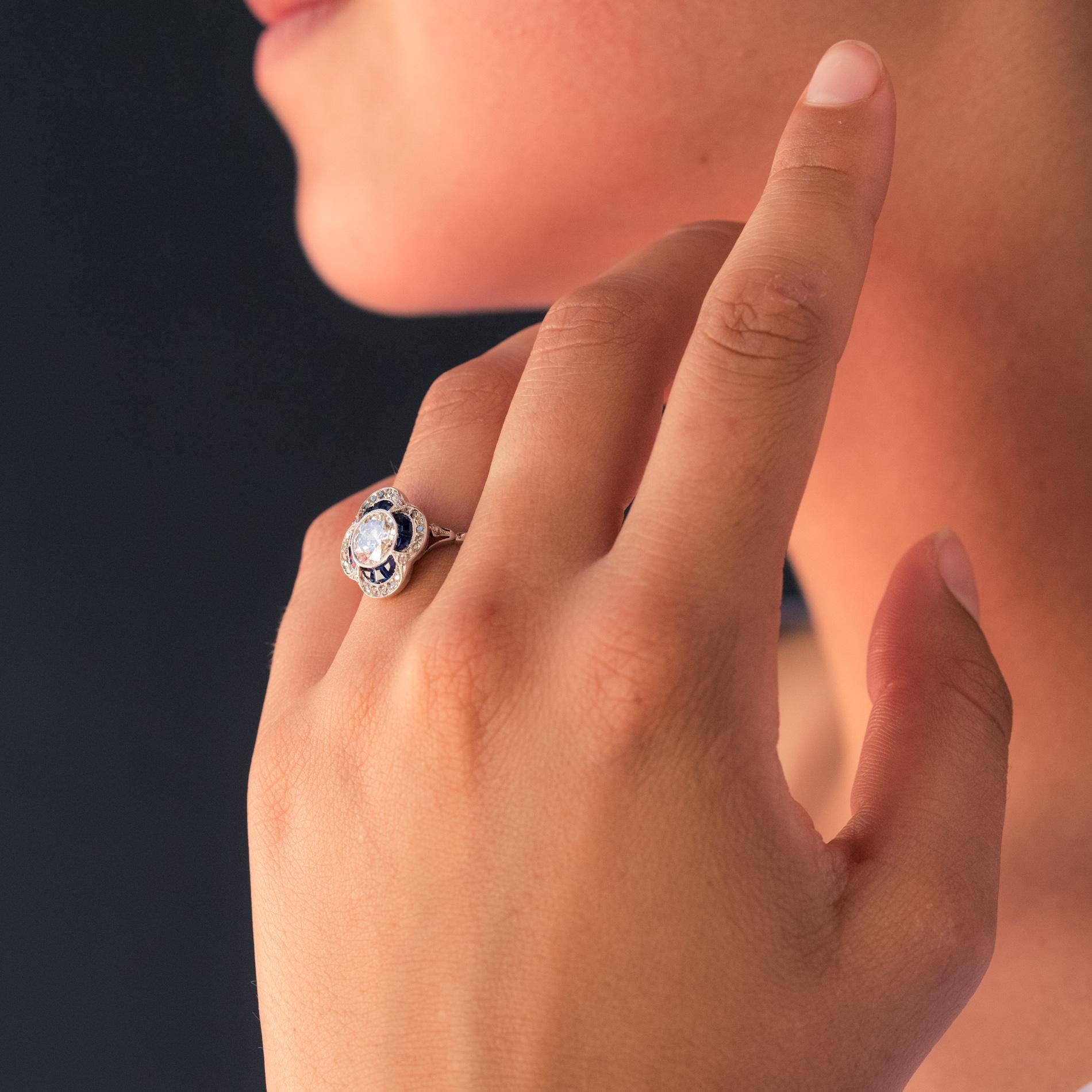 French 1925 Sapphire Diamonds Platinum Ring 10