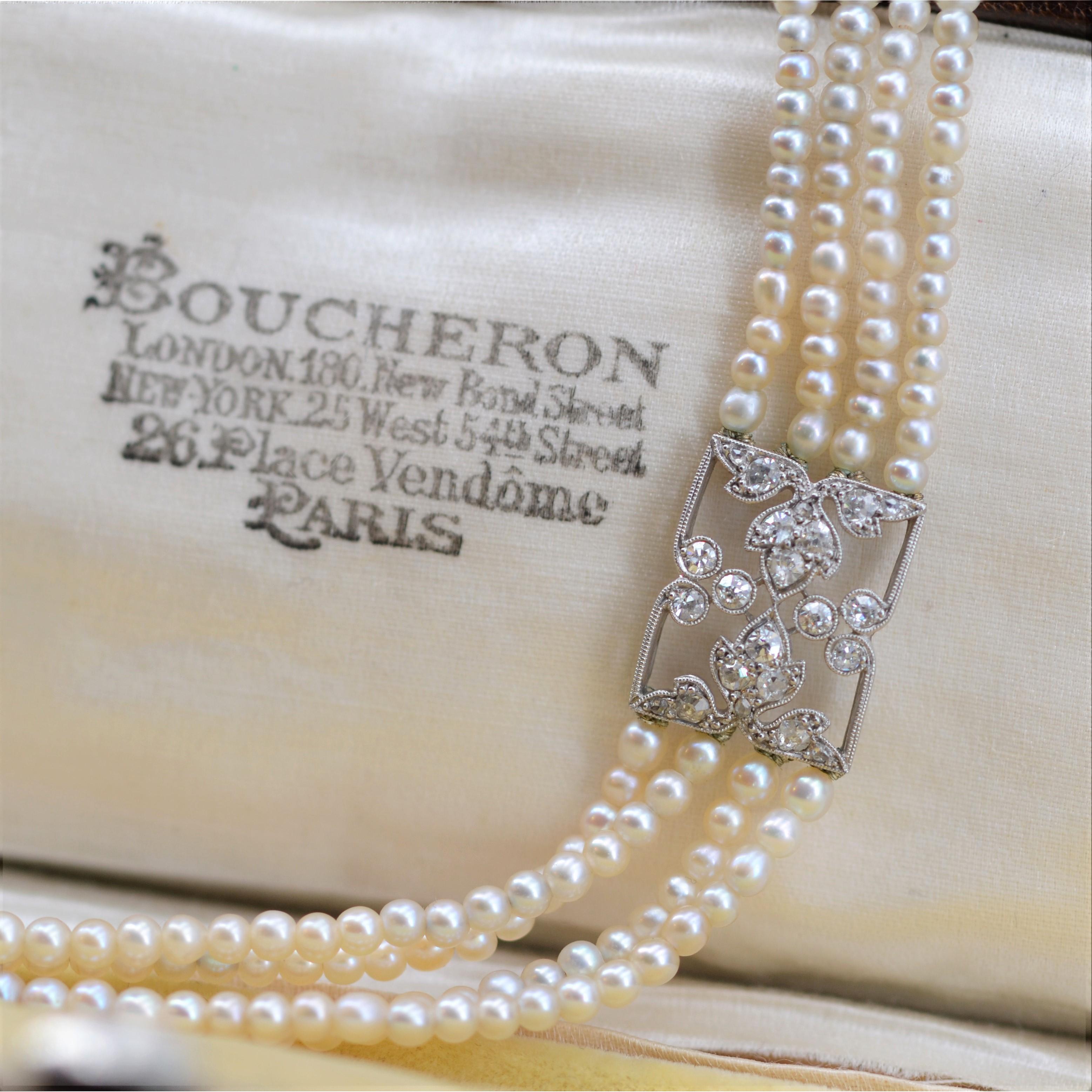 French 1928 Boucheron Diamonds Fine Pearls Necklace For Sale 1