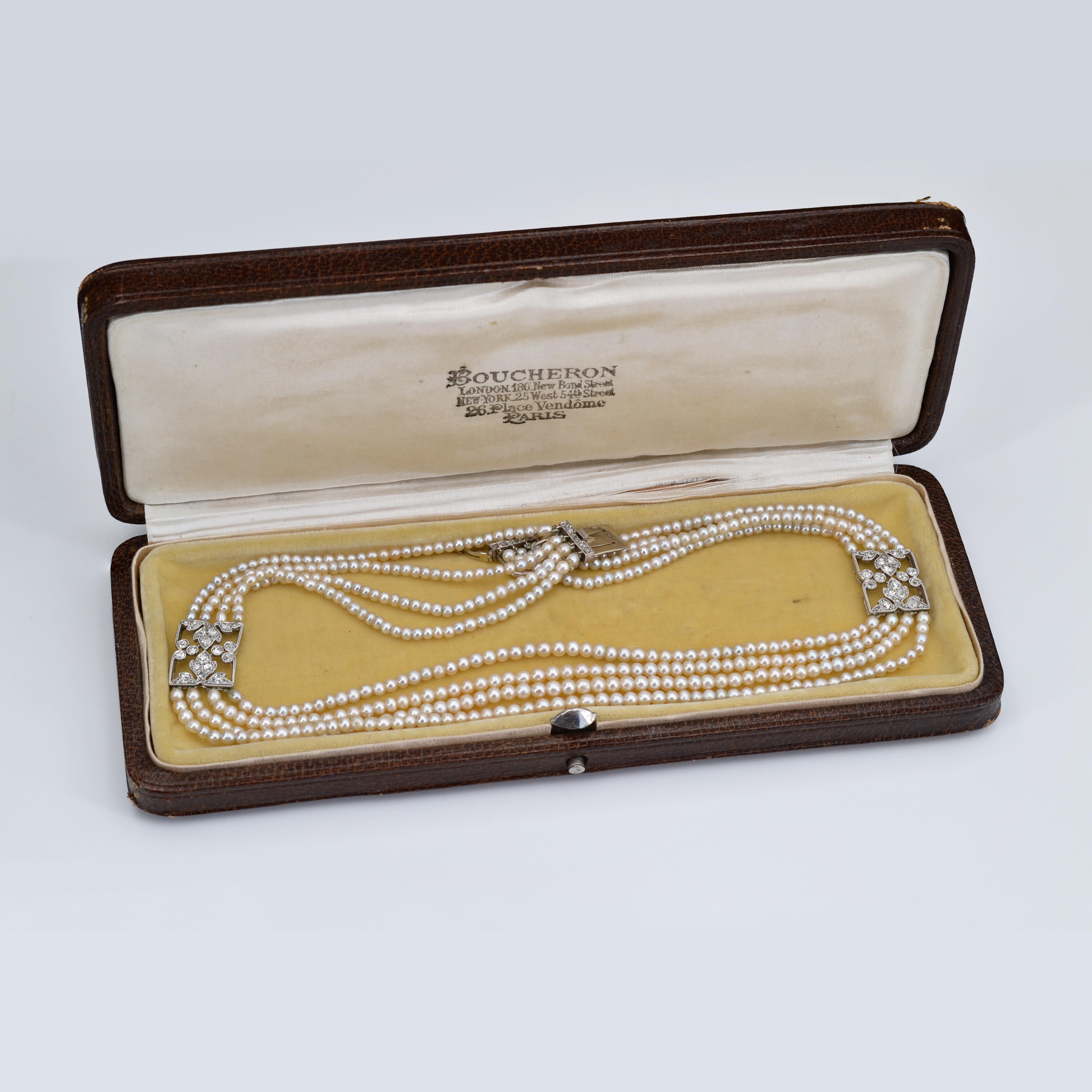 French 1928 Boucheron Diamonds Fine Pearls Necklace For Sale 7
