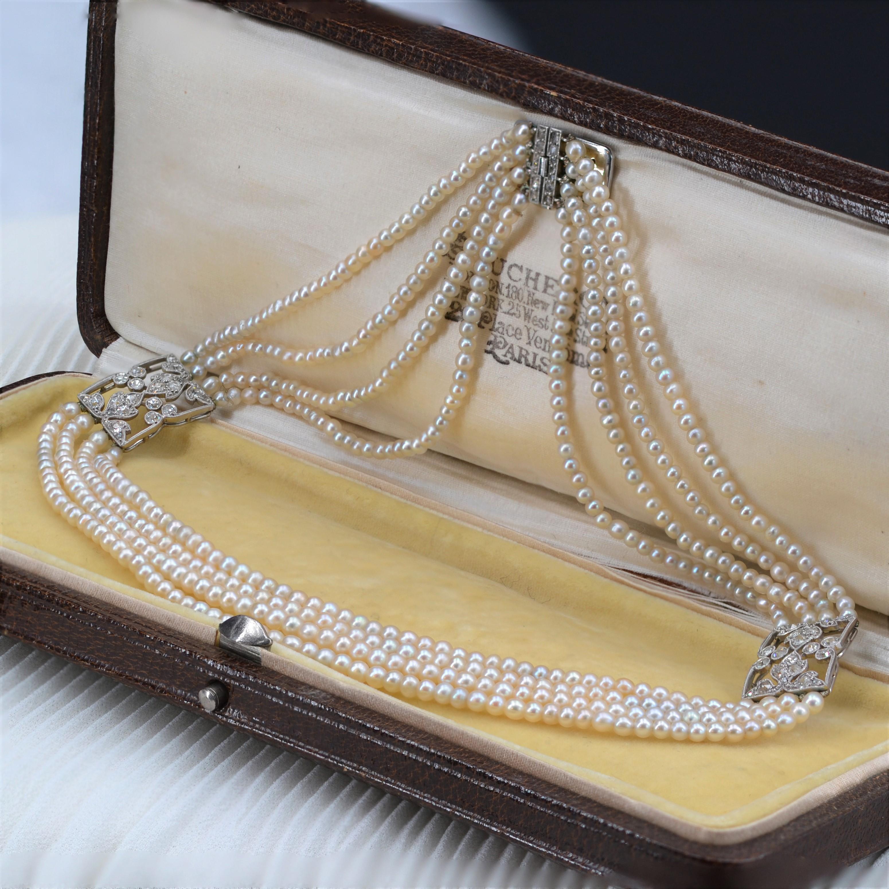 Französische Boucheron-Halskette mit Diamanten und feinen Perlen, 1928 (Art déco) im Angebot