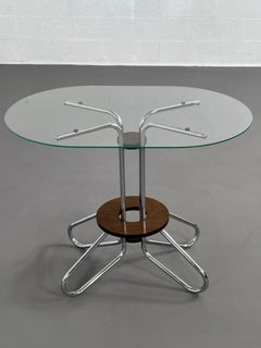 French 1930-1940 Art Deco Chrome Metal Wooden And Glass Oval Top Gueridon Table