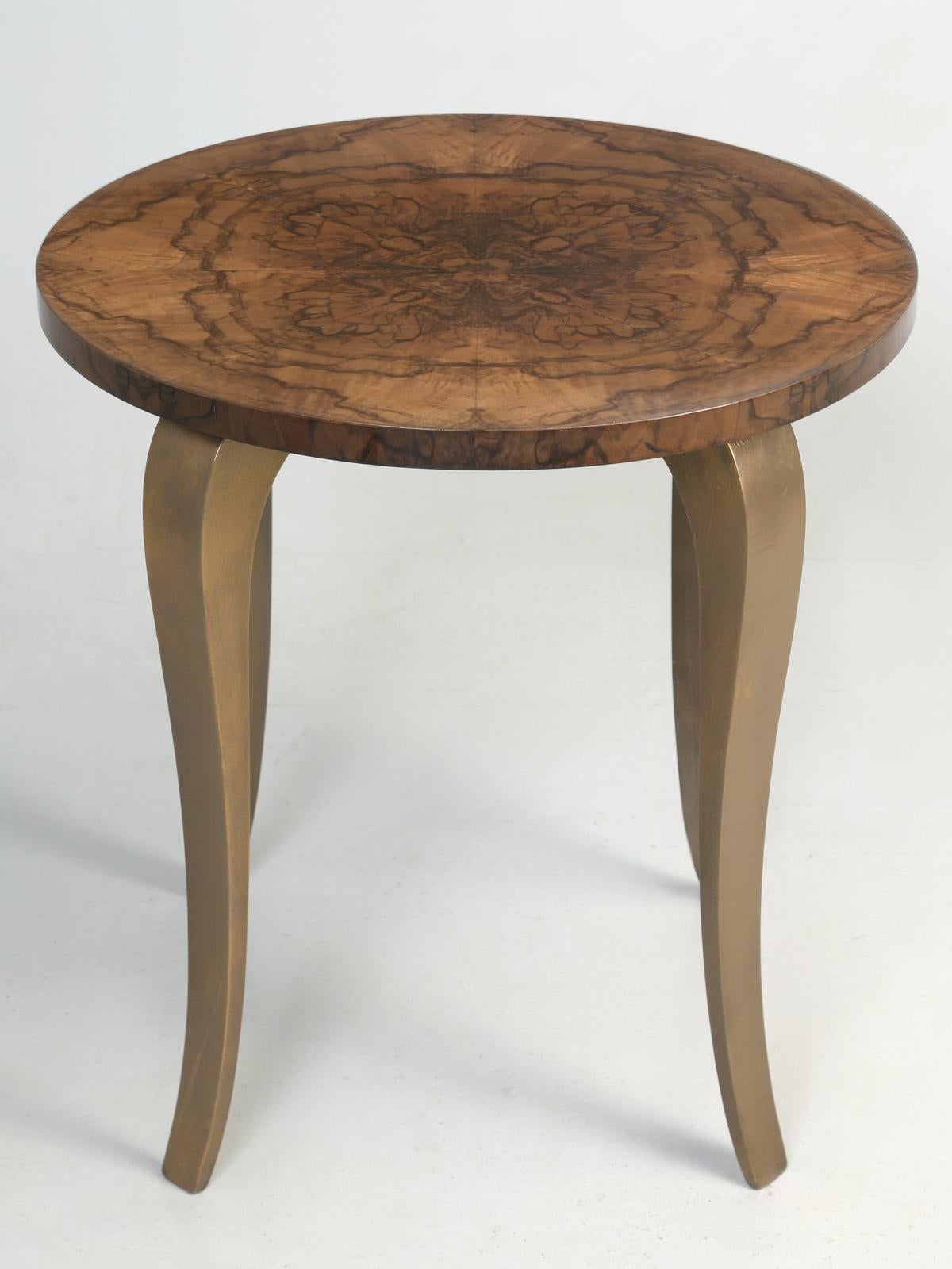 French circa 1930s-1940s, burl walnut end table, or side table if you prefer. During the restoration process, we French polished the burl walnut top, to a high gloss finish, in order to bring out, the incredible grain of the walnut end tabletop and