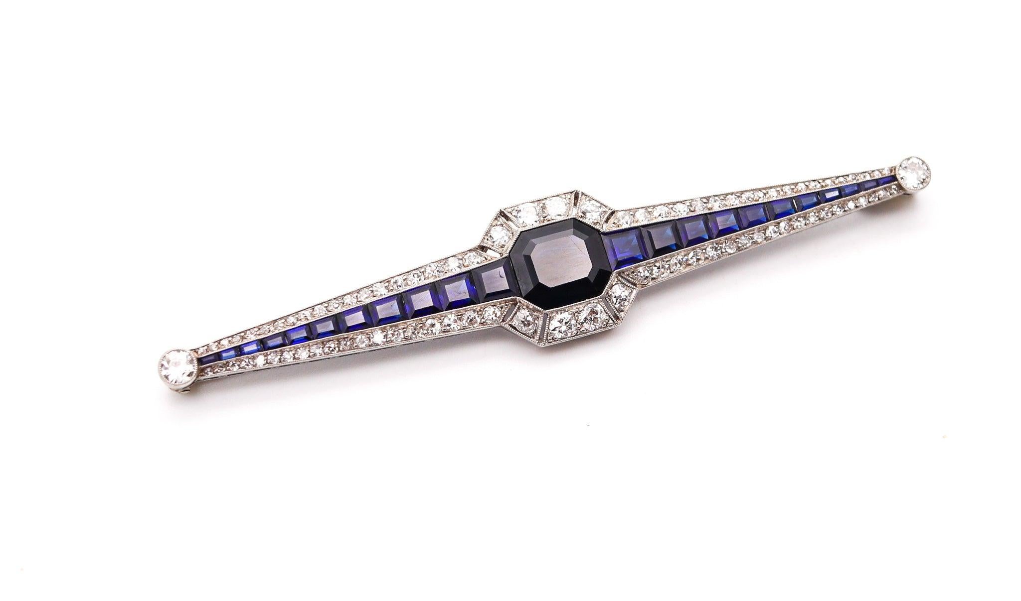 Hexagon Cut Chaumet 1930 Art Deco Brooch In Platinum With 12.83 Ctw Diamond And Sapphires For Sale