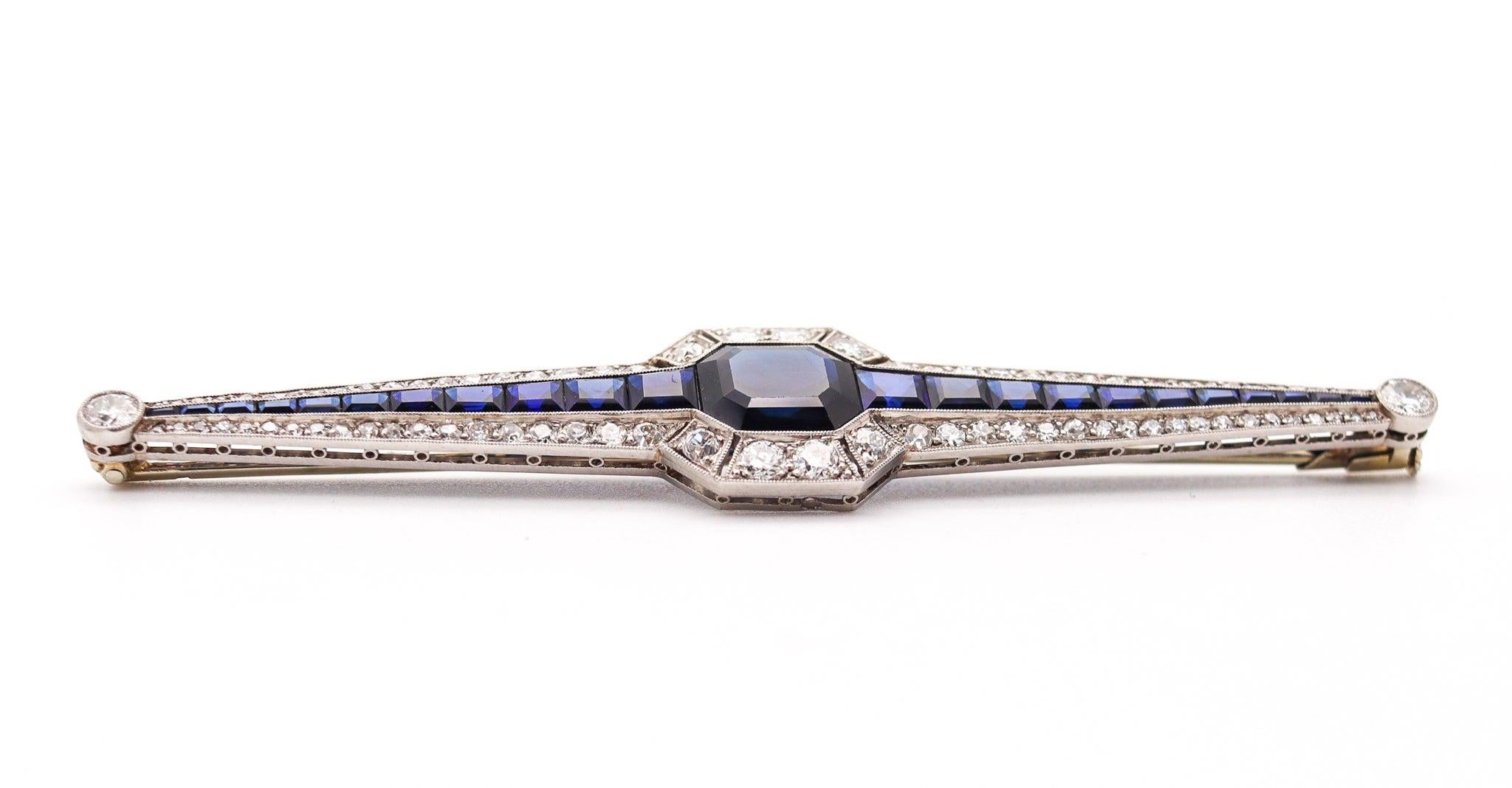 Women's or Men's Chaumet 1930 Art Deco Brooch In Platinum With 12.83 Ctw Diamond And Sapphires For Sale