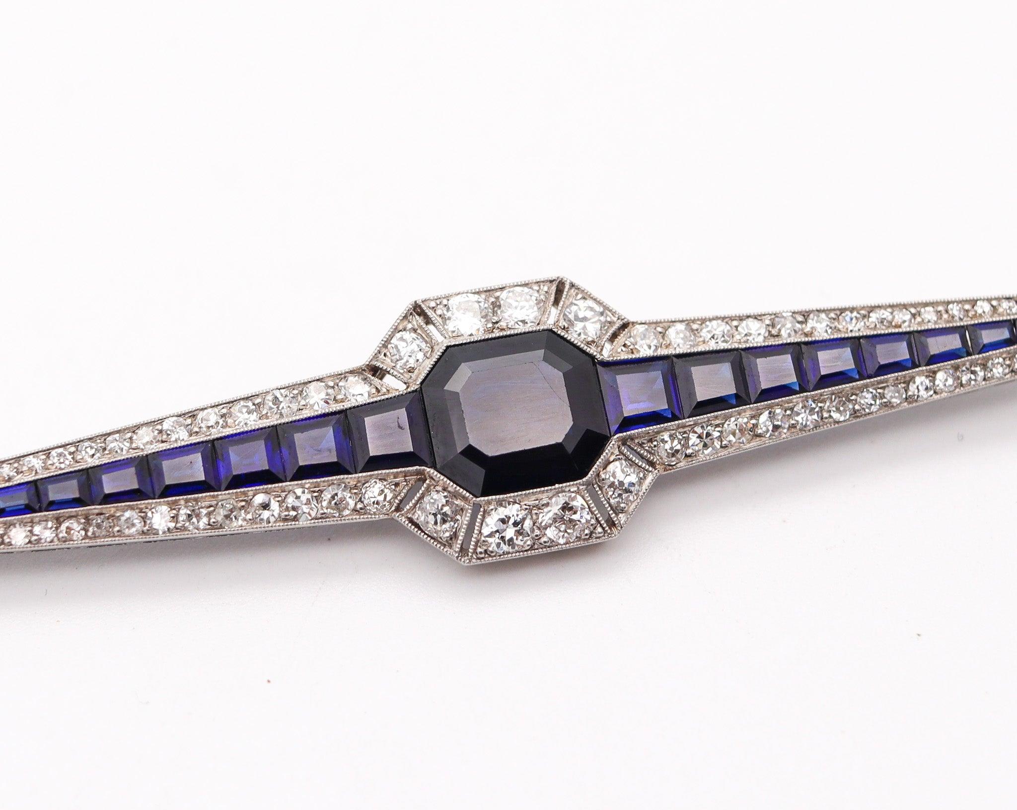 Chaumet 1930 Art Deco Brooch In Platinum With 12.83 Ctw Diamond And Sapphires For Sale 1