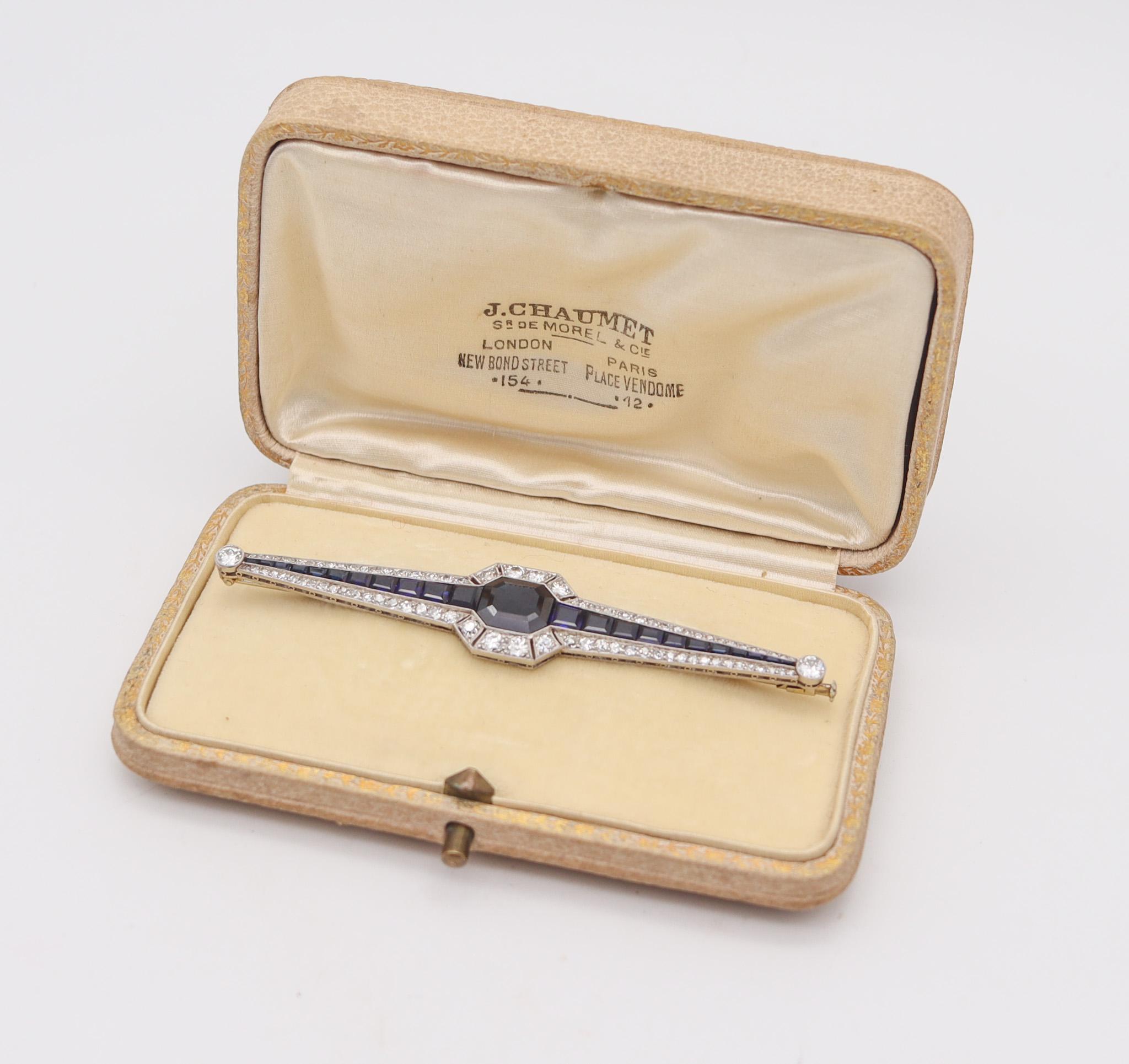 Chaumet 1930 Art Deco Brooch In Platinum With 12.83 Ctw Diamond And Sapphires For Sale 3
