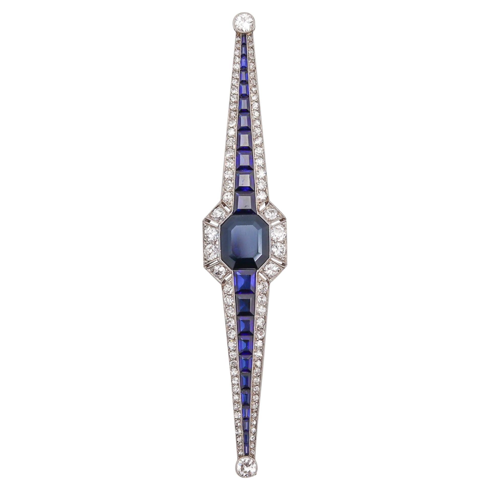 Chaumet 1930 Art Deco Brooch In Platinum With 12.83 Ctw Diamond And Sapphires