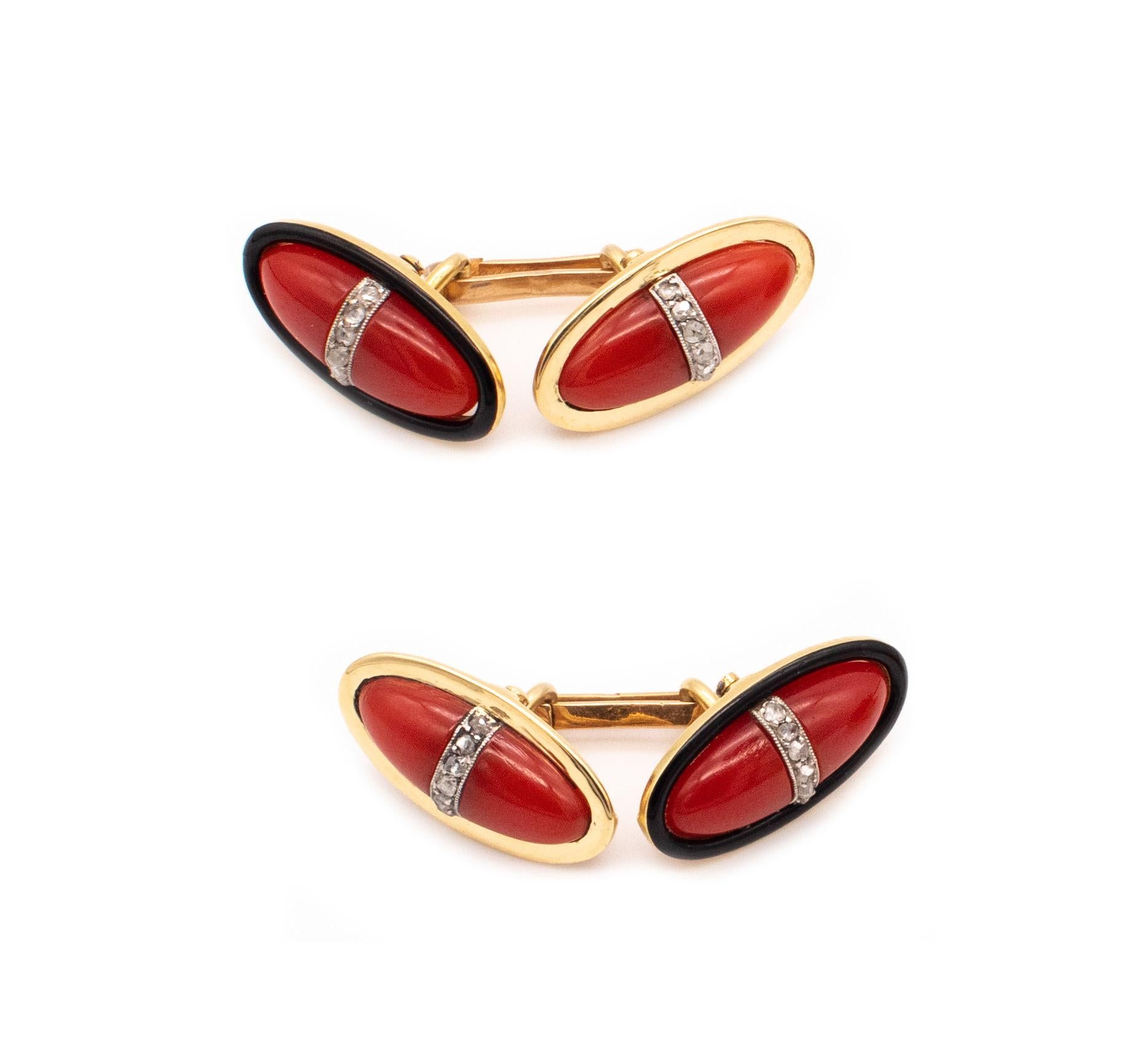 Exceptional pair of French Art deco cufflinks.

An antique colorful pair created, in Paris, France during the art deco period, circa 1930's. This cufflinks has been crafted in solid yellow gold of 18 karats with .900/.999 platinum settings. They are