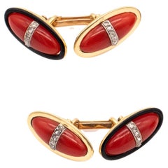 French 1930 Art Deco Cufflinks in 18Kt Gold and Platinum Ox Blood Coral Diamonds
