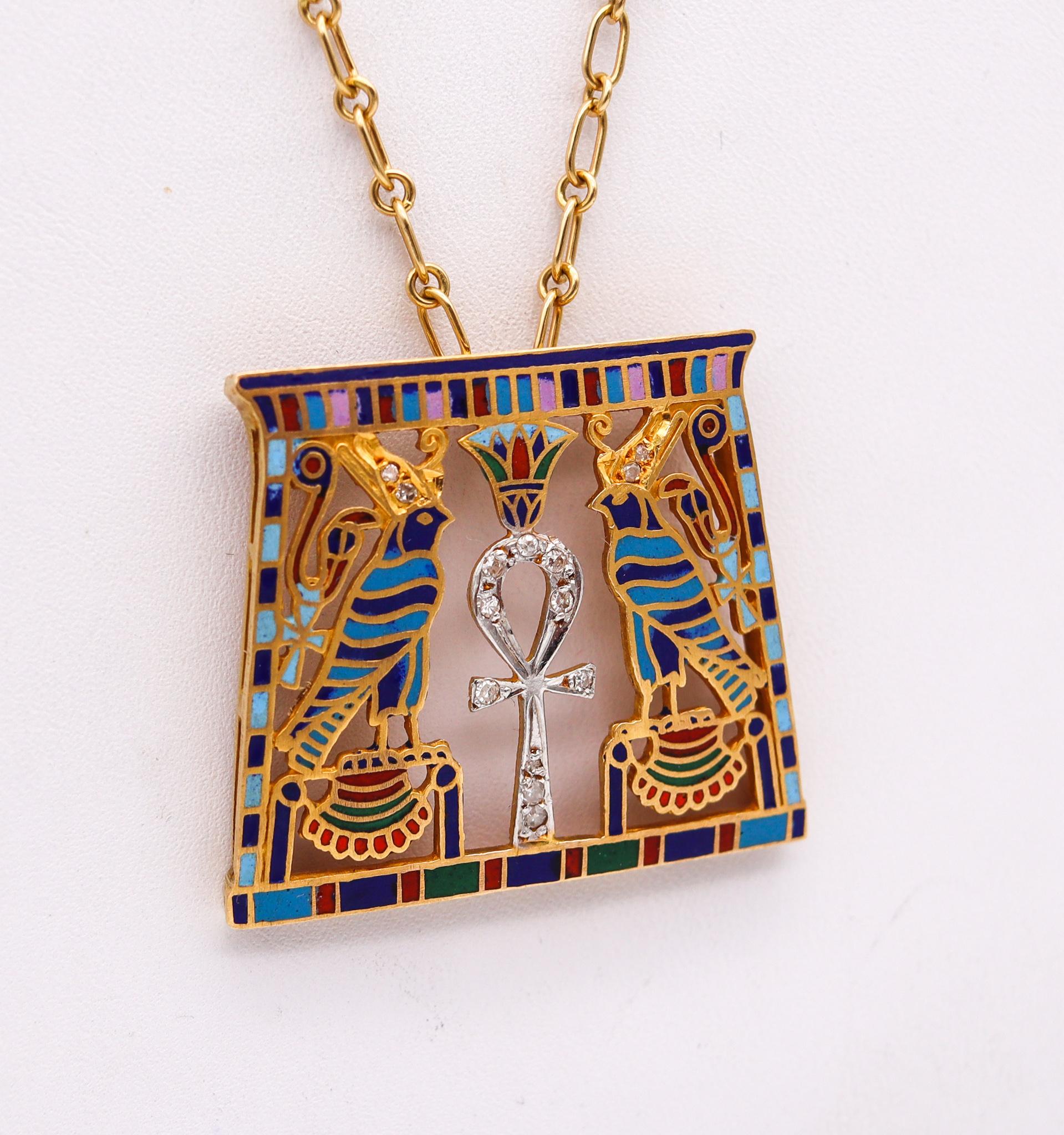 French 1930 Art Deco Egyptian Revival Necklace 18Kt Gold with Cloisonne Diamond For Sale 1