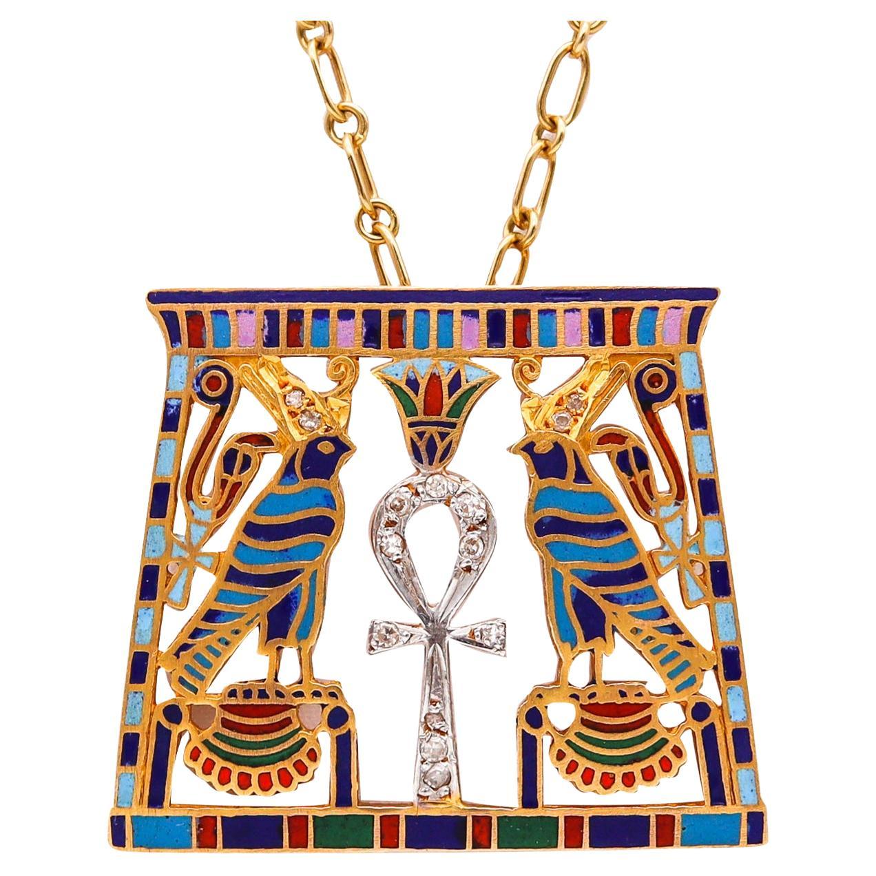 French 1930 Art Deco Egyptian Revival Necklace 18Kt Gold with Cloisonne Diamond For Sale