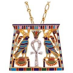 French 1930 Art Deco Egyptian Revival Necklace 18Kt Gold with Cloisonne Diamond