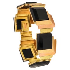 French 1930 Art Deco Geometric Bracelet in 18 Karat Gold with Faceted Onyxes