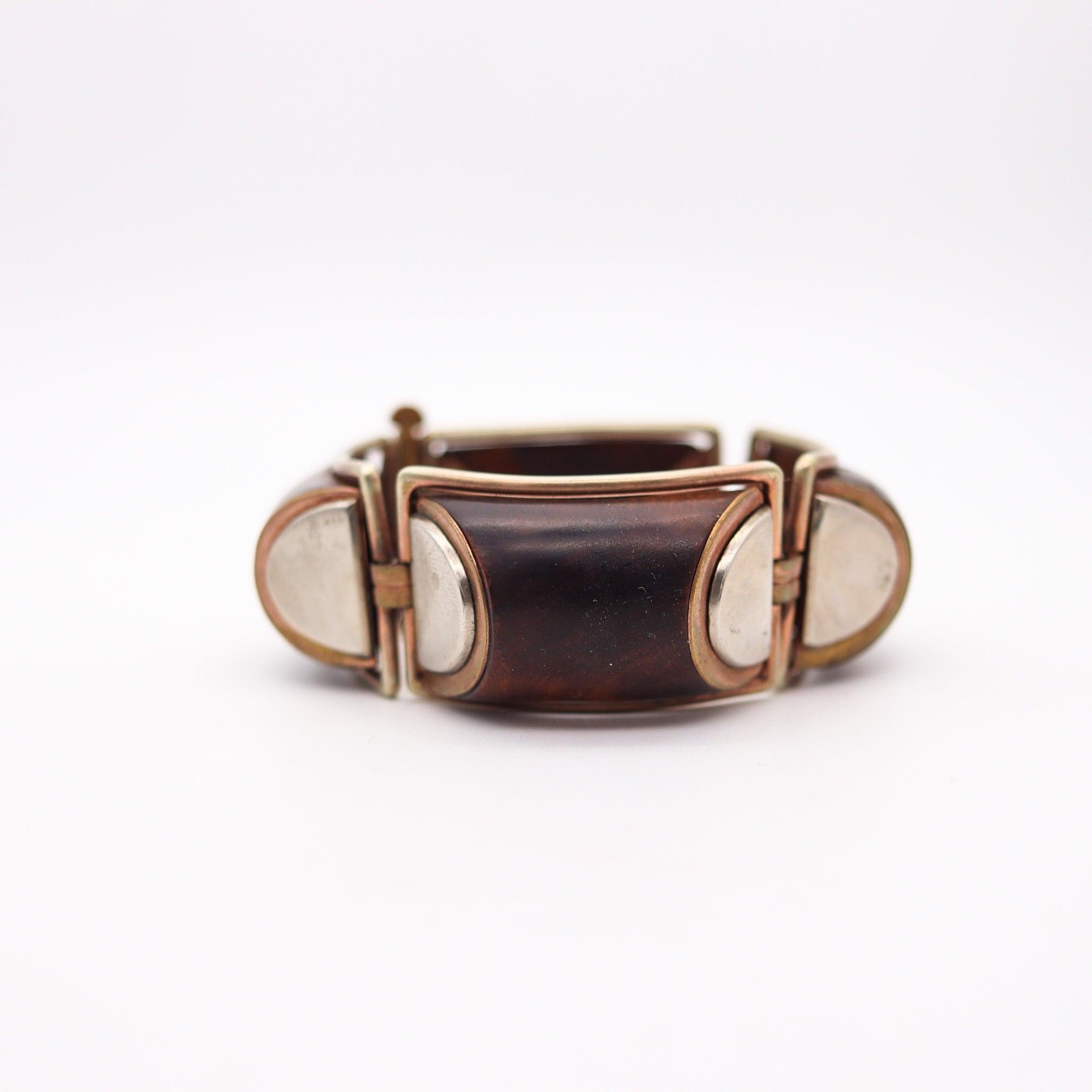 FRENCH 1930 Art Deco Geometric Precious Wood Bracelet In Gilt And Sterling In Excellent Condition For Sale In Miami, FL