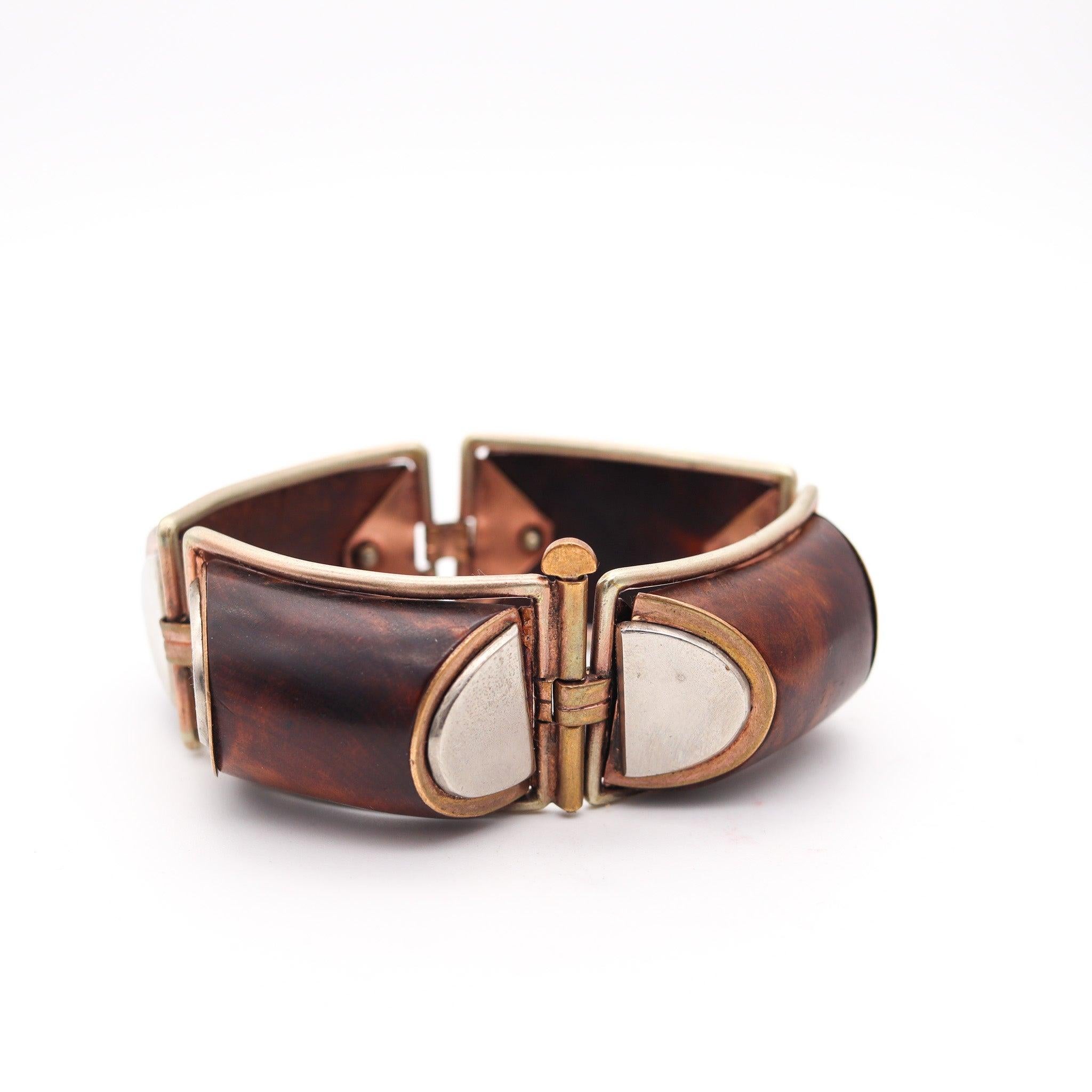 Women's or Men's FRENCH 1930 Art Deco Geometric Precious Wood Bracelet In Gilt And Sterling For Sale