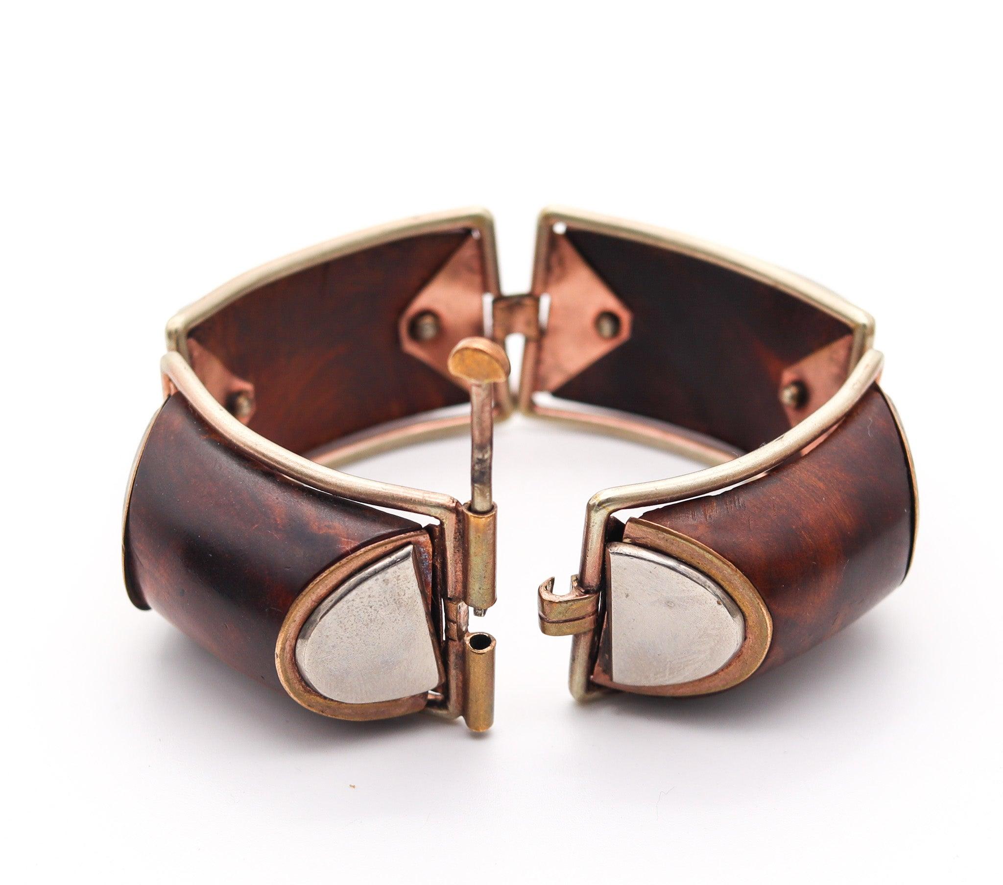 FRENCH 1930 Art Deco Geometric Precious Wood Bracelet In Gilt And Sterling For Sale 1