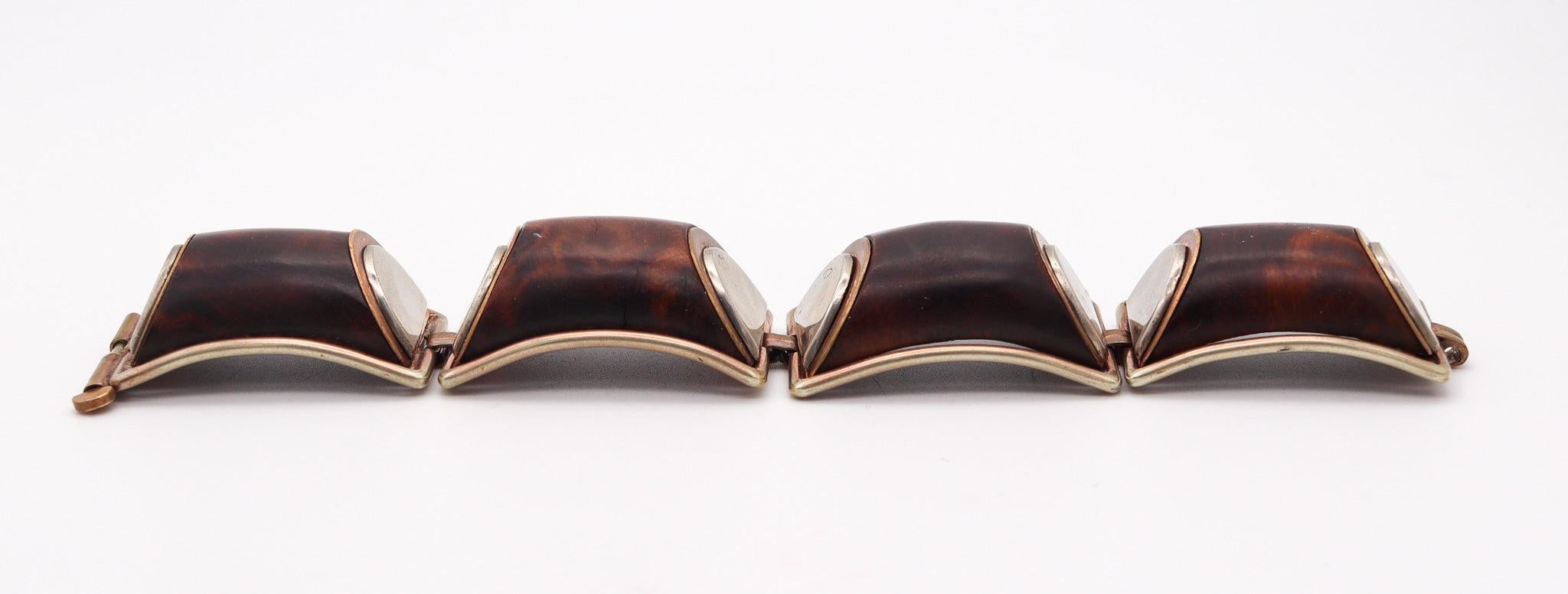 FRENCH 1930 Art Deco Geometric Precious Wood Bracelet In Gilt And Sterling For Sale 3