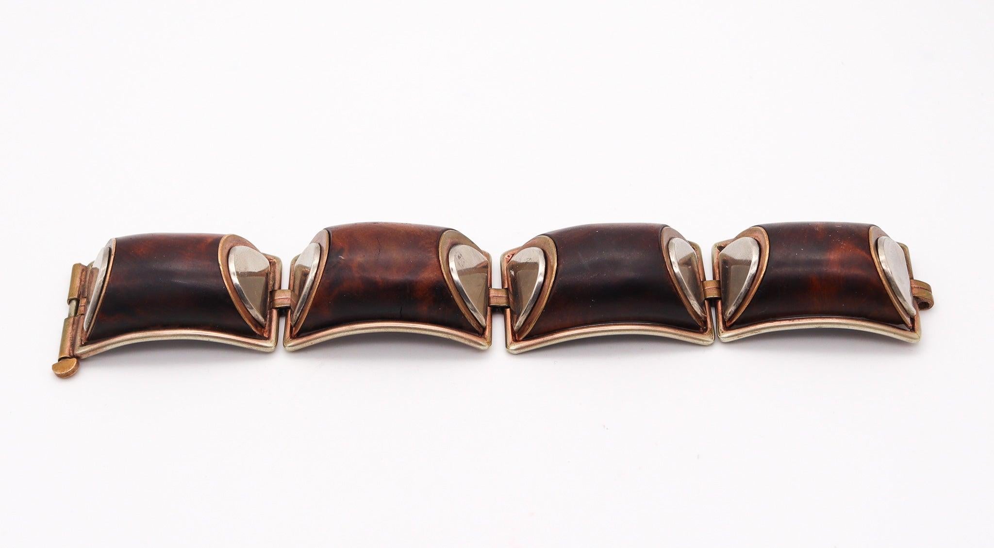 FRENCH 1930 Art Deco Geometric Precious Wood Bracelet In Gilt And Sterling For Sale 4