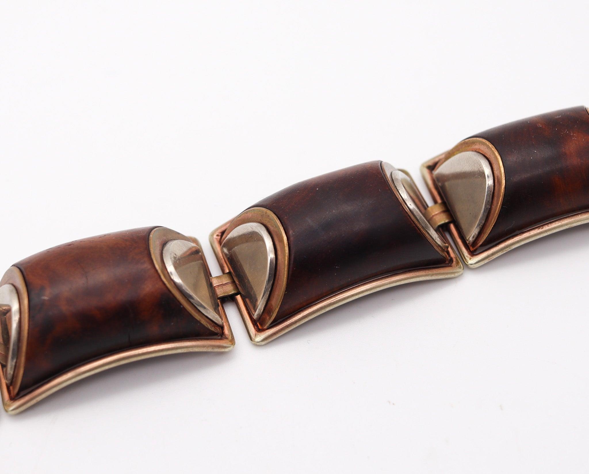 FRENCH 1930 Art Deco Geometric Precious Wood Bracelet In Gilt And Sterling For Sale 5