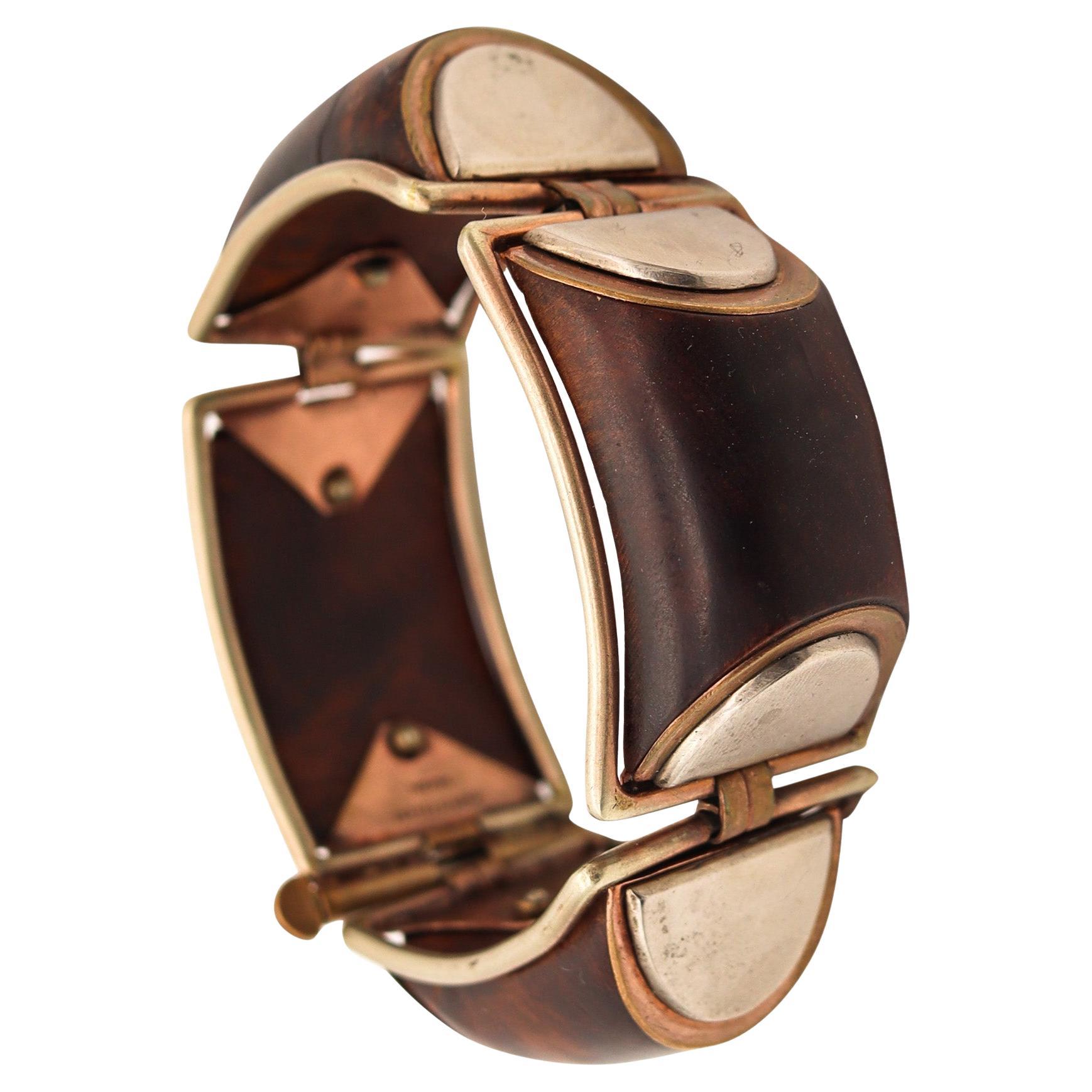FRENCH 1930 Art Deco Geometric Precious Wood Bracelet In Gilt And Sterling