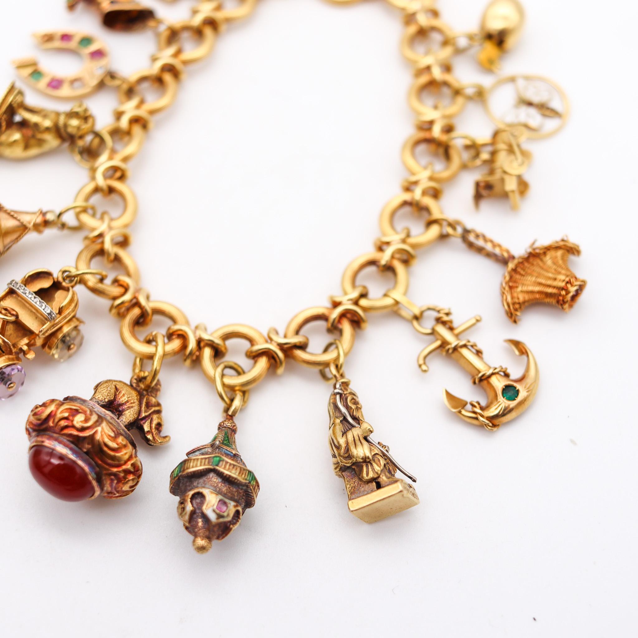 Fourteen charms bracelet from the art deco period.

Fabulous and very rare charm bracelet, created in France during the Art deco period, back in the 1930. It was crafted with beautiful craftsmanship in solid yellow gold of 18 karats and attached