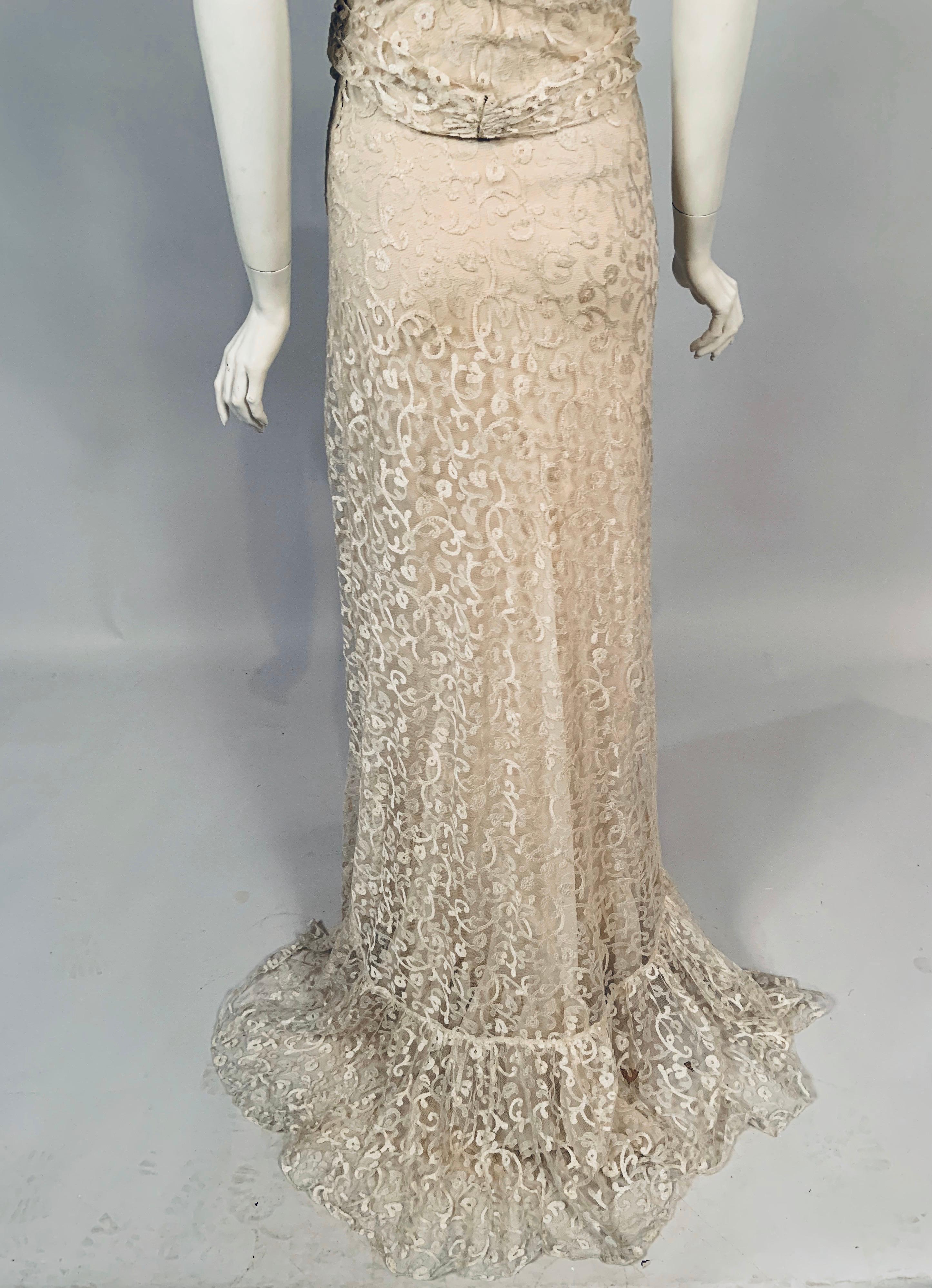 Women's French 1930' Ivory Lace Bias Cut Evening Gown and Chiffon Slip by Bialo, Paris