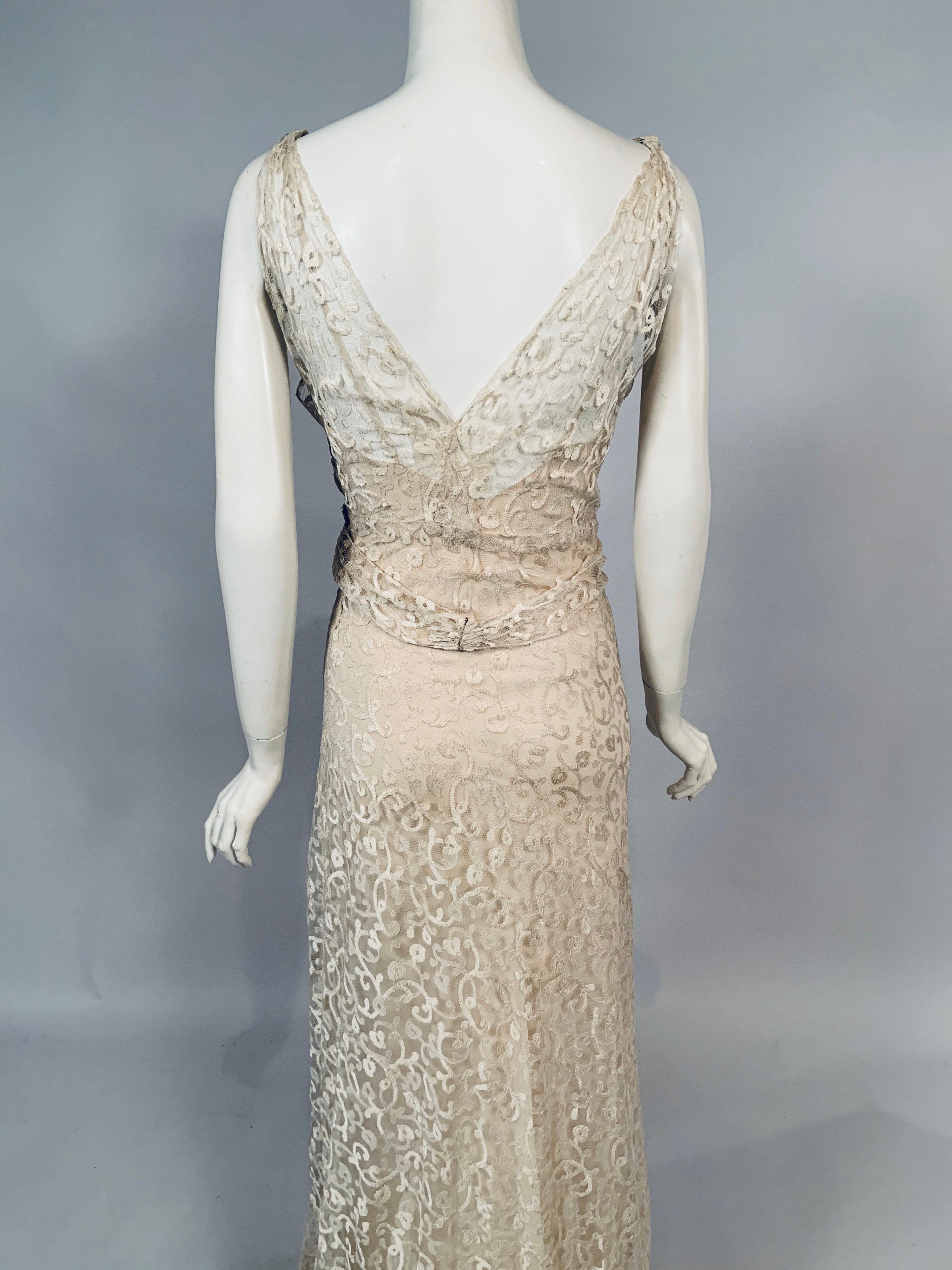 French 1930' Ivory Lace Bias Cut Evening Gown and Chiffon Slip by Bialo, Paris 1