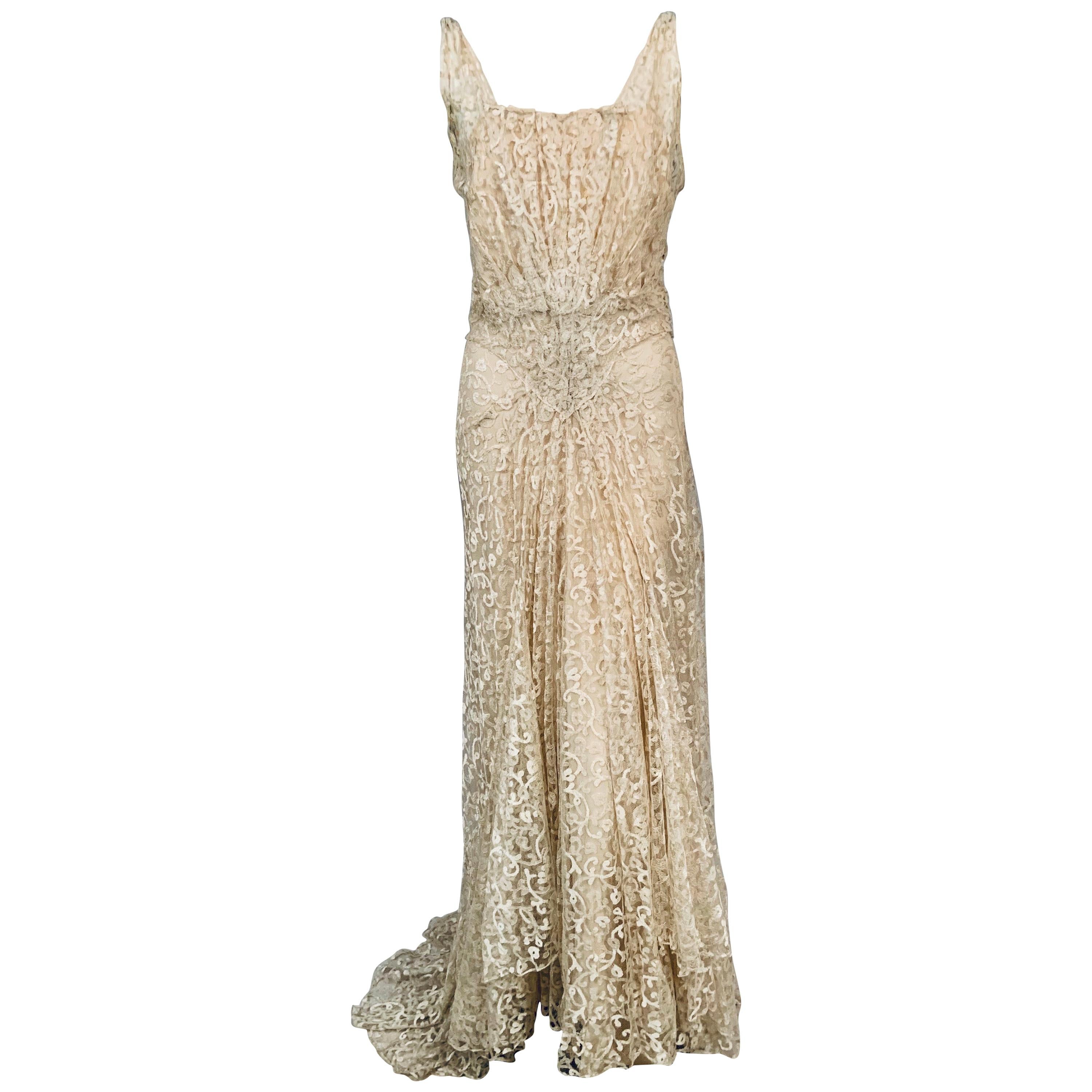 French 1930' Ivory Lace Bias Cut Evening Gown and Chiffon Slip by Bialo, Paris