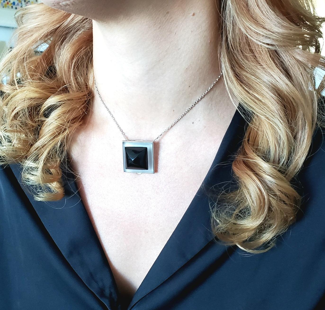 Square Cut FRENCH 1930 Paris Art Deco Pyramid Rock Quartz Clip Platinum 18Kt Gold With Onyx For Sale