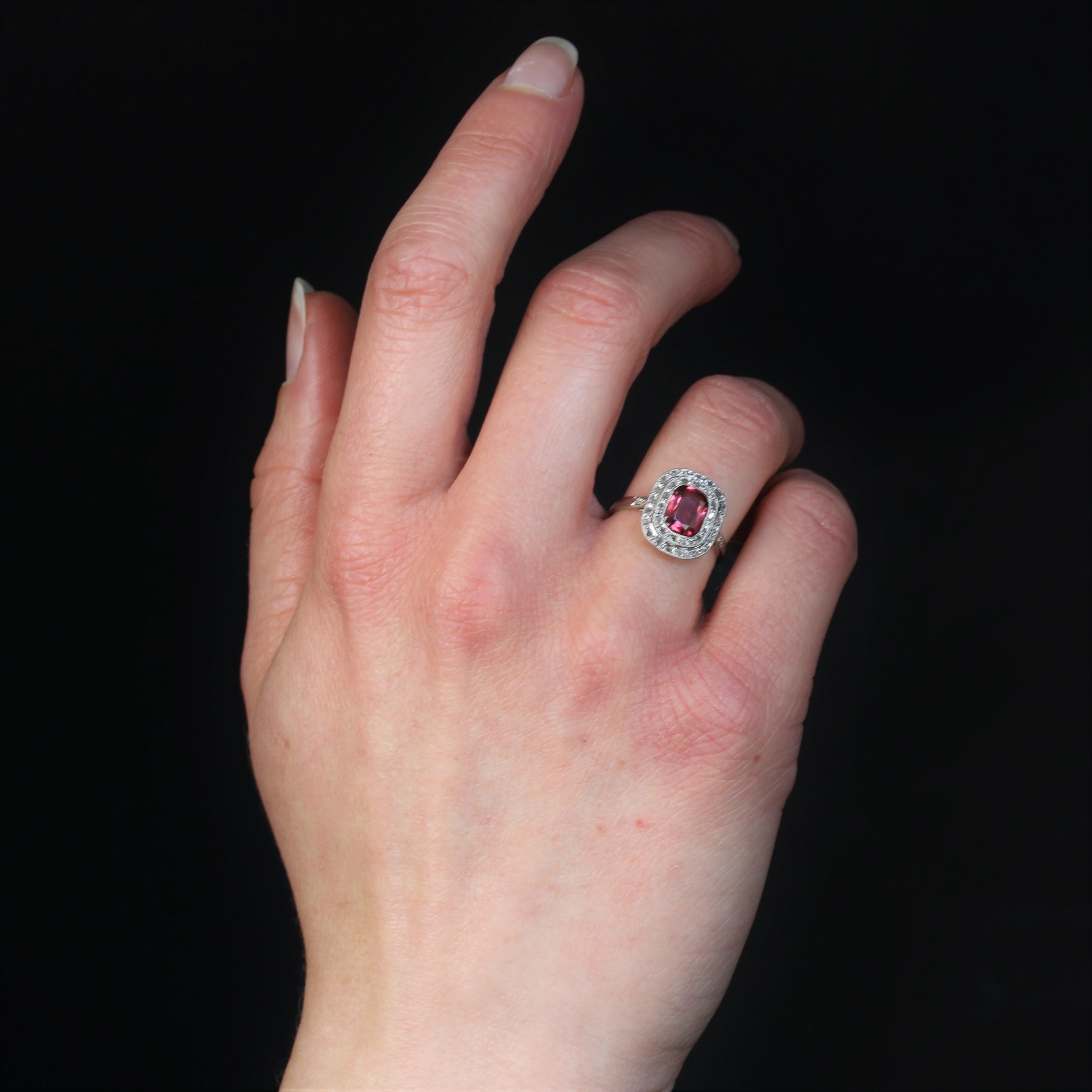 Cushion Cut French 1930s 1.20 Carat Red Spinel Diamonds 18 Karat White Gold Ring For Sale