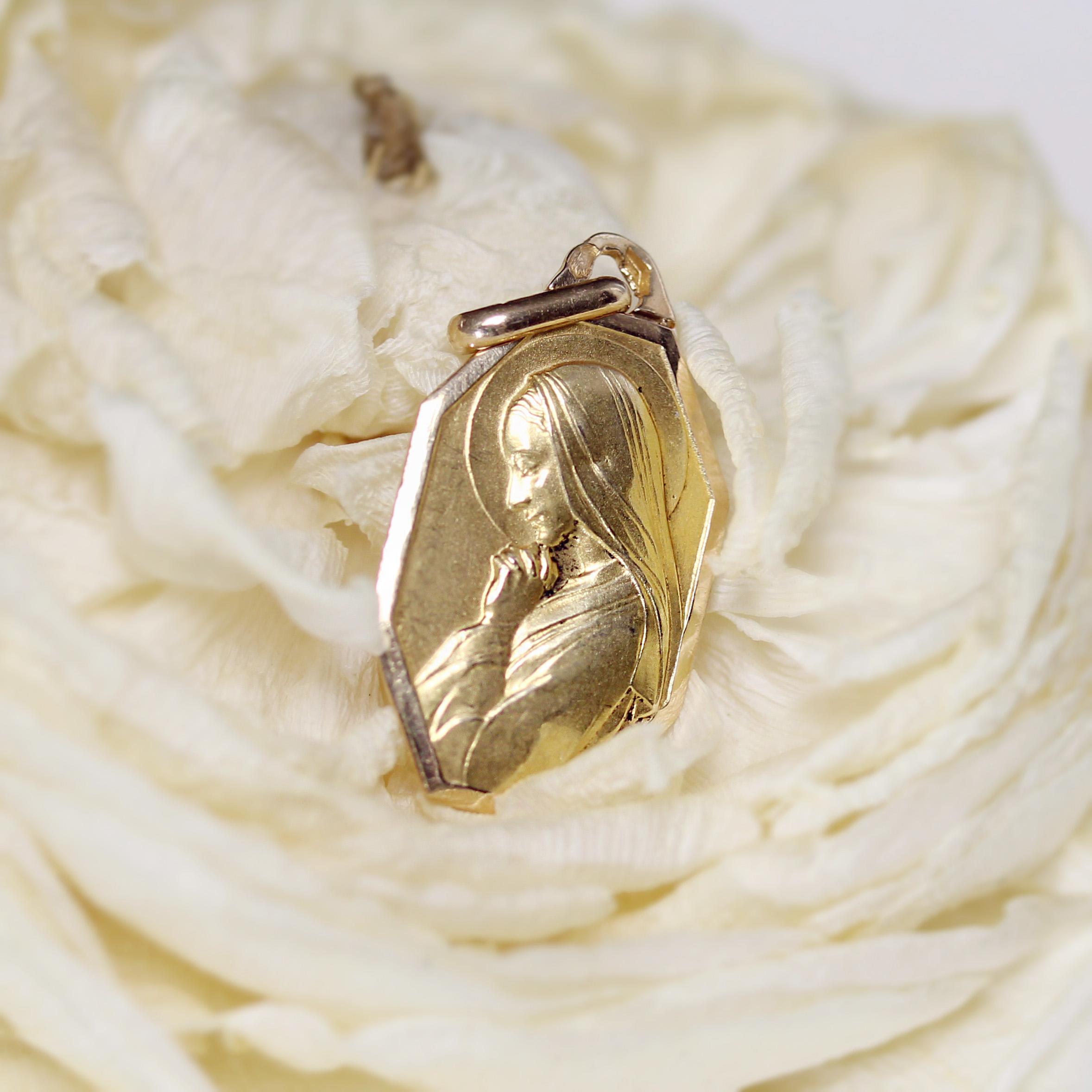 Art Deco French 1930s 18 Karat Yellow Gold Virgin Octogonal Medal