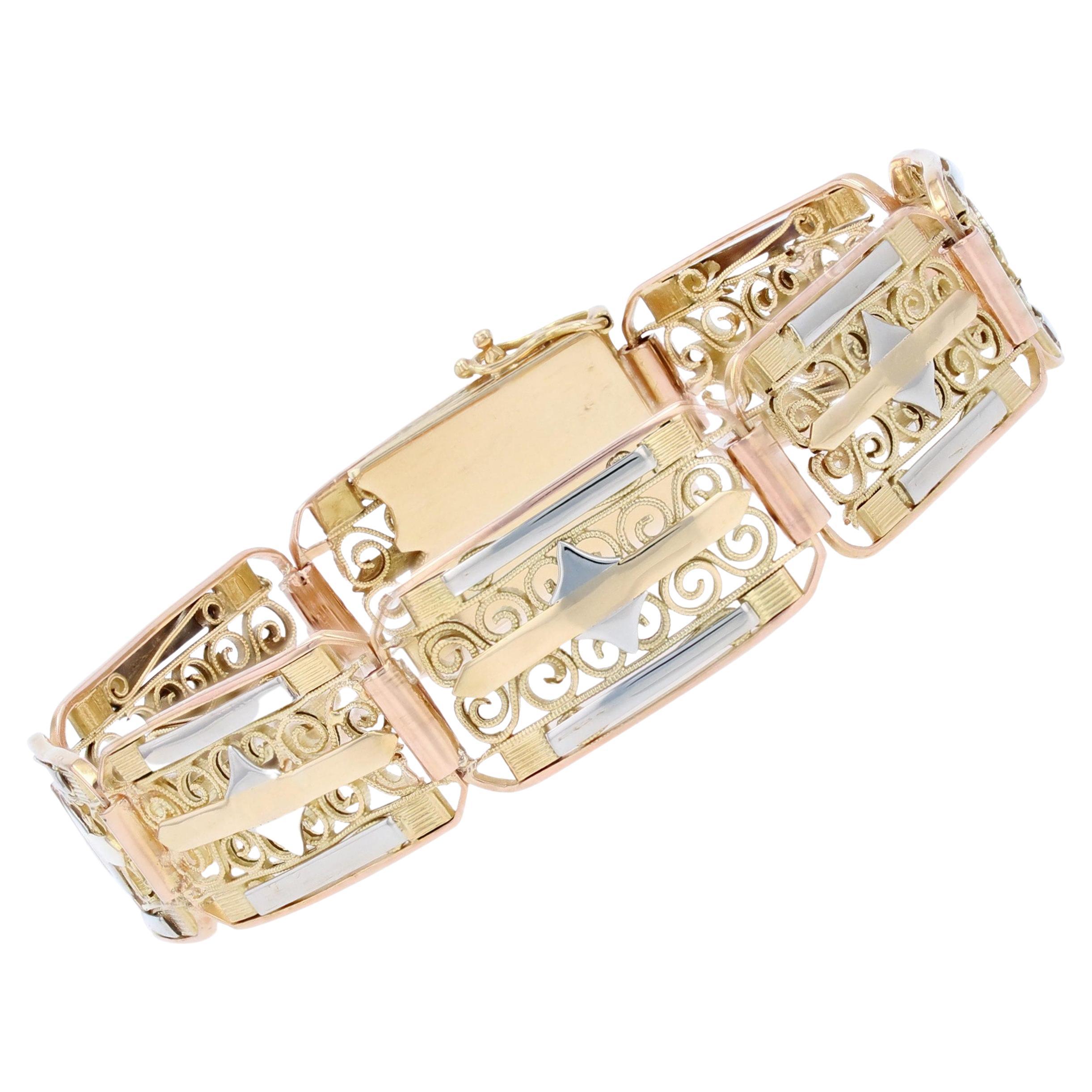 Bracelet Art déco français des années 1930 en or jaune et blanc 18 carats avec roses