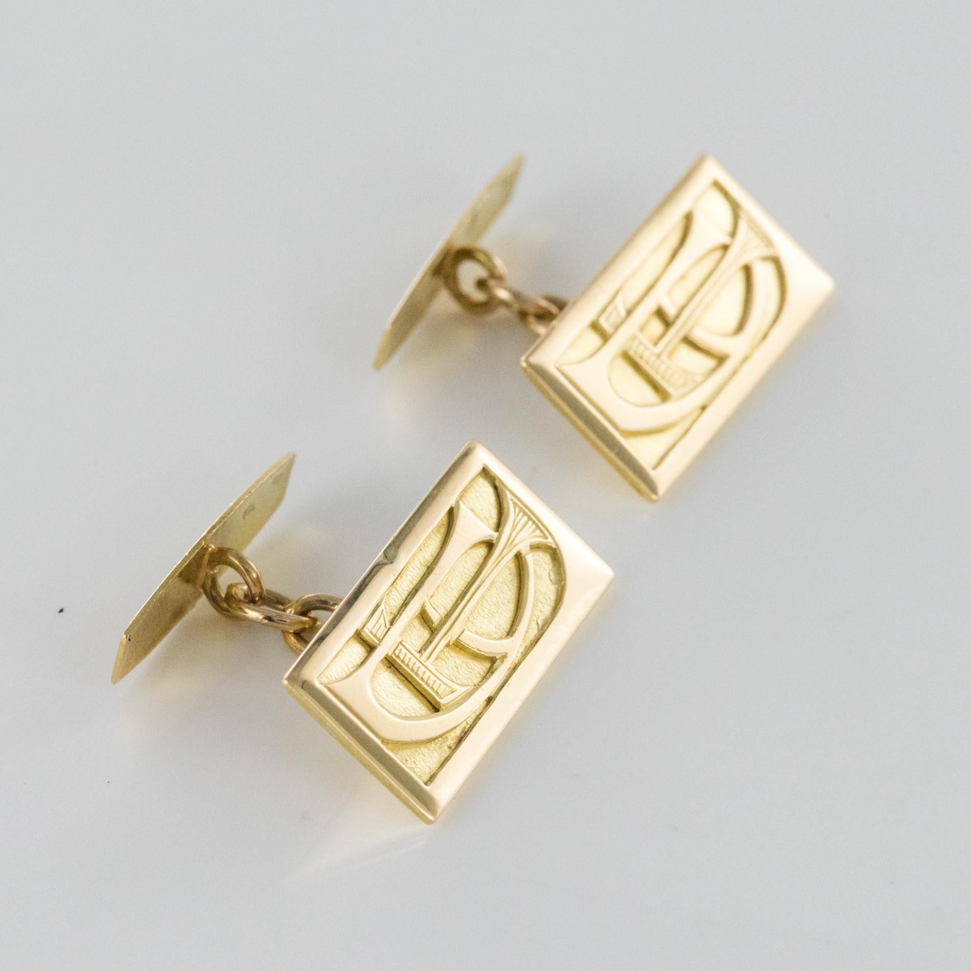 Boutons De Manchette Art Déco En Or Jaune 14K - Initiales DW BA - Vintage - Excellent état