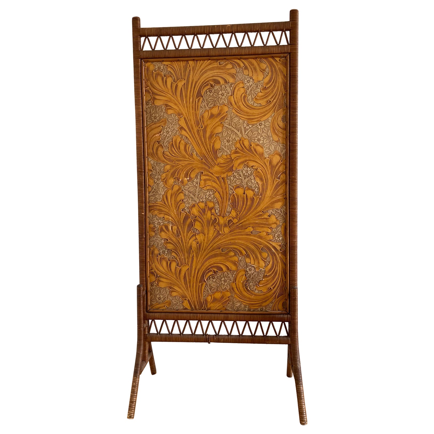 Écran art déco français des années 1930/1940 en bambou, rotin et bois