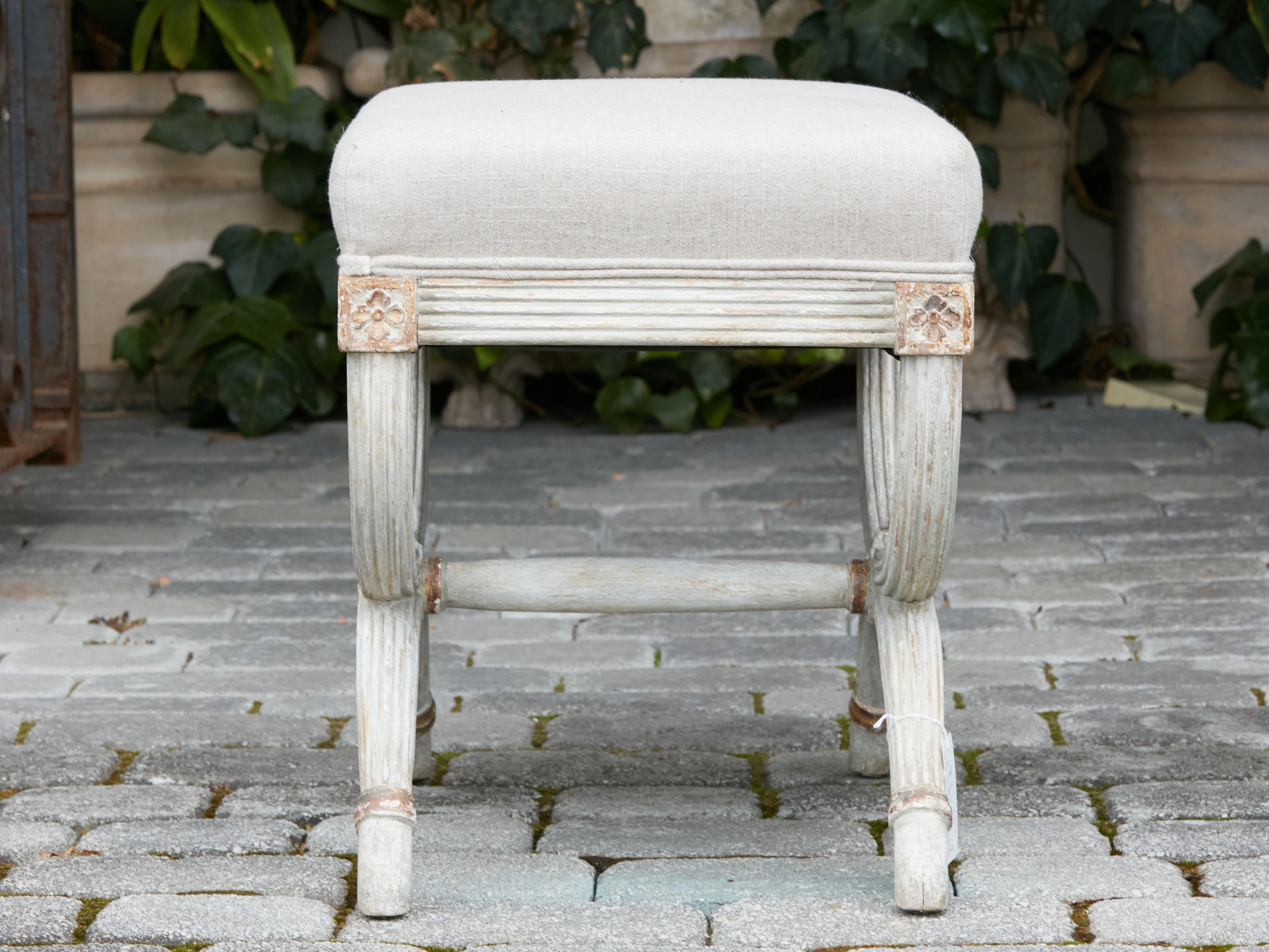 French, 1930s-1940s, Painted Wood Curule Stool with X-Form Base and Upholstery 6