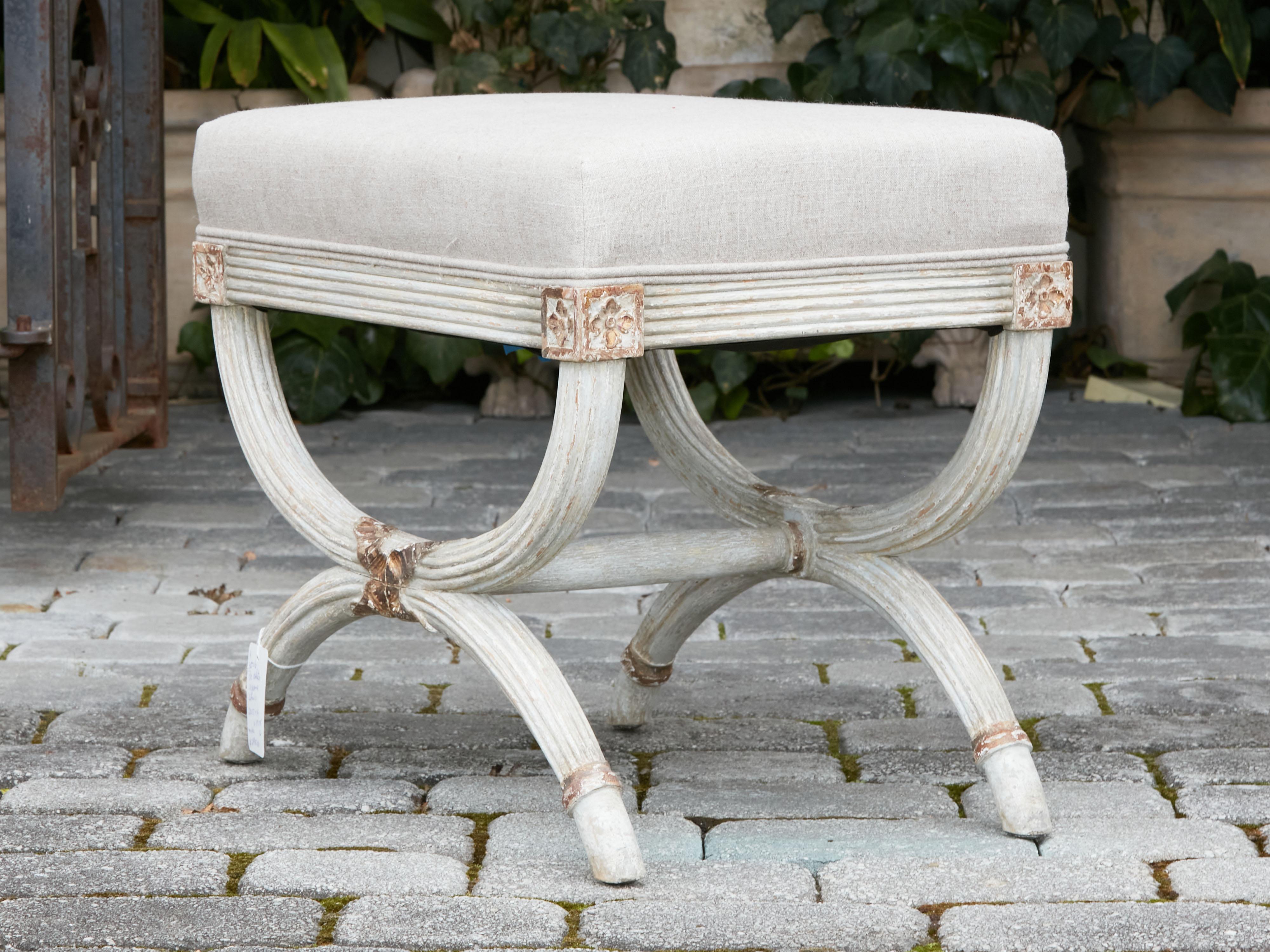 French, 1930s-1940s, Painted Wood Curule Stool with X-Form Base and Upholstery 8