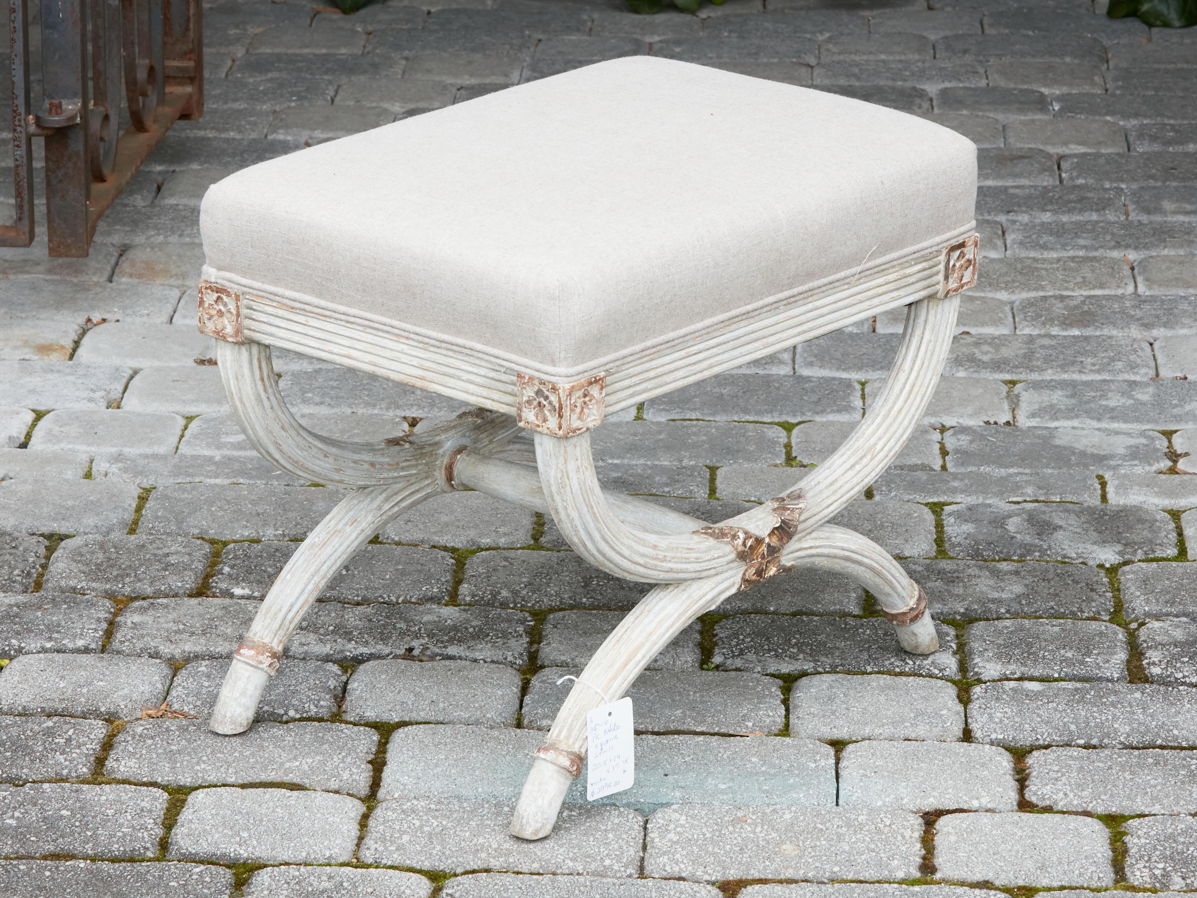 Carved French, 1930s-1940s, Painted Wood Curule Stool with X-Form Base and Upholstery