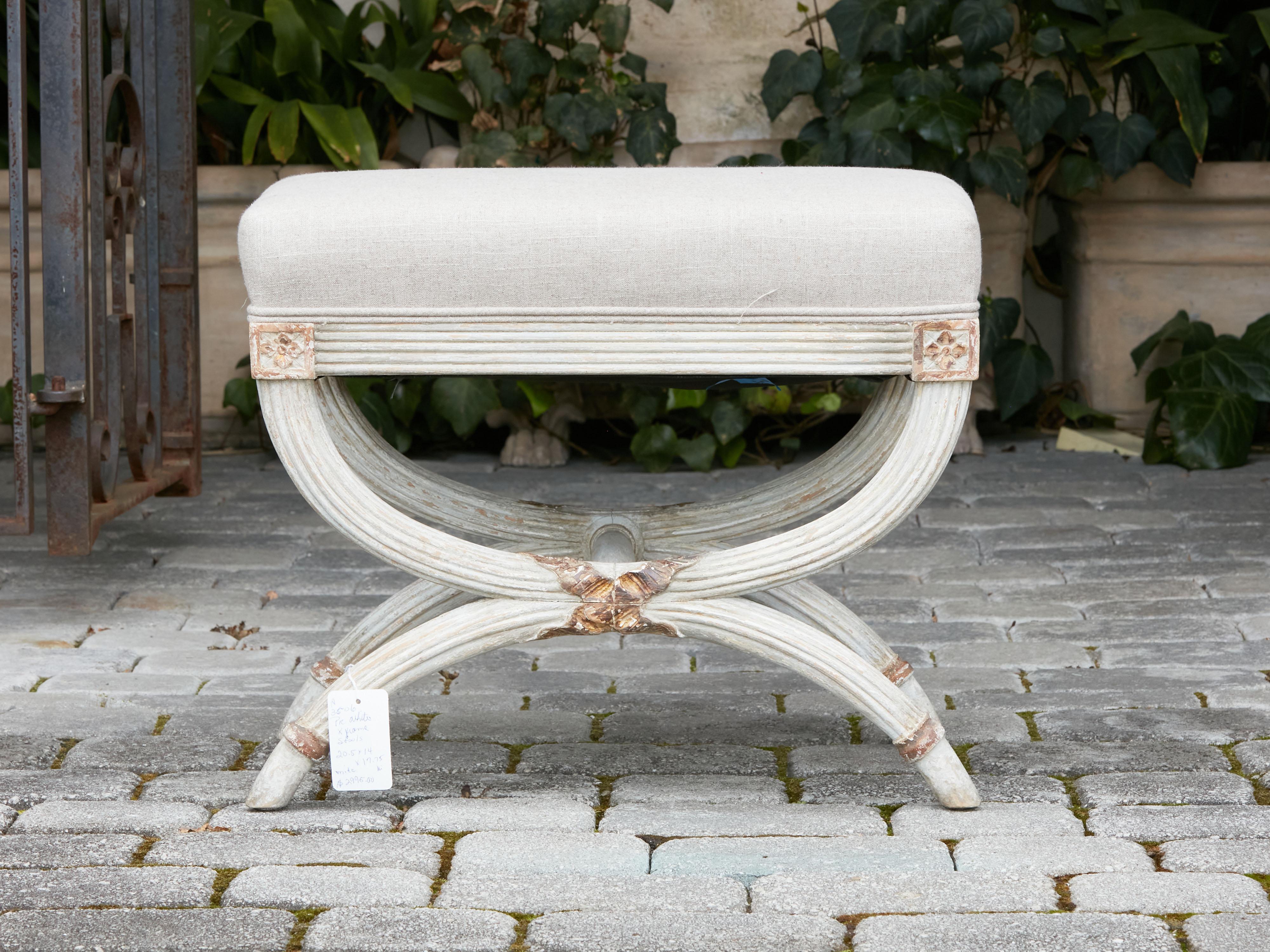 20th Century French, 1930s-1940s, Painted Wood Curule Stool with X-Form Base and Upholstery