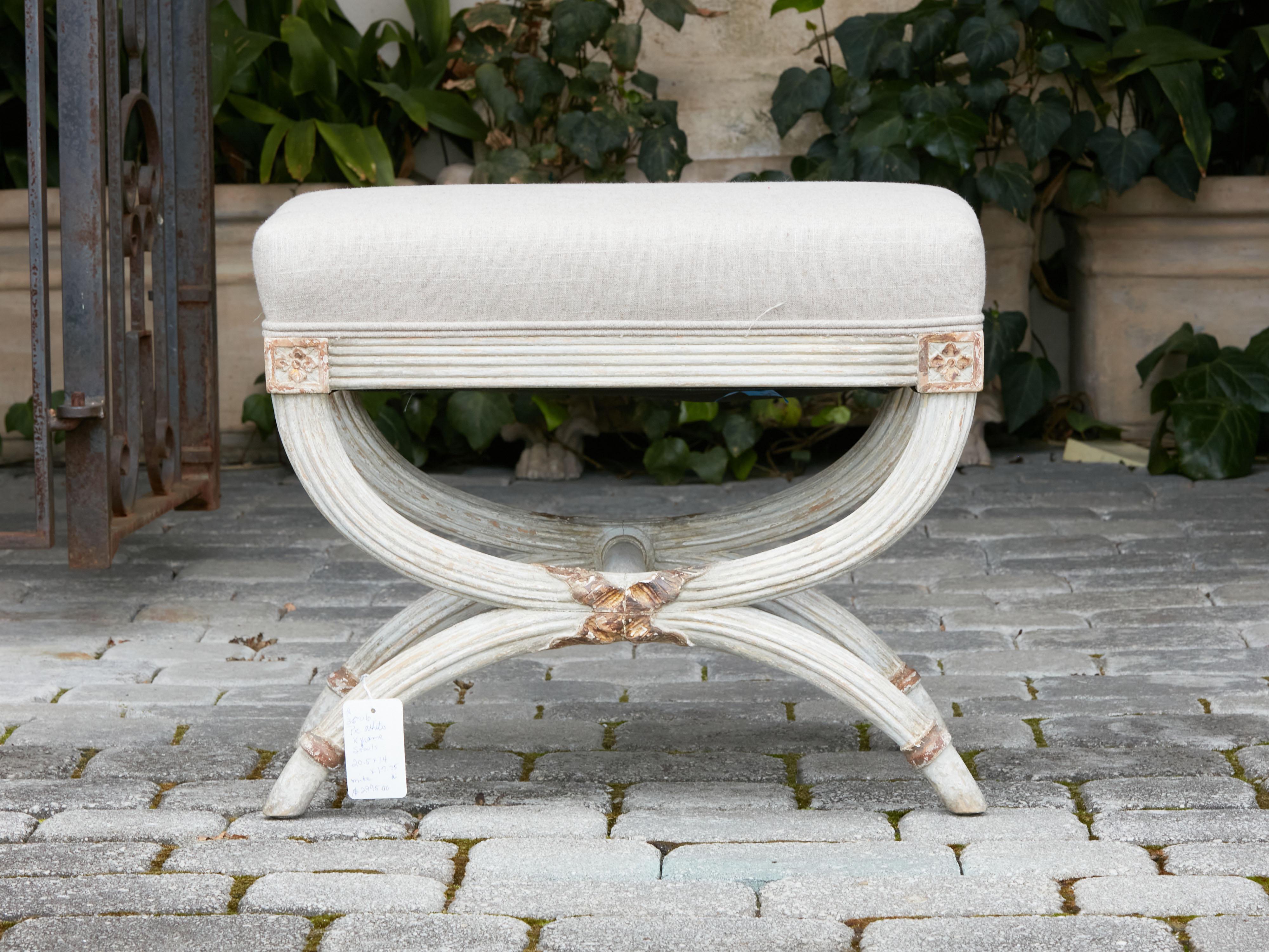 French, 1930s-1940s, Painted Wood Curule Stool with X-Form Base and Upholstery 1