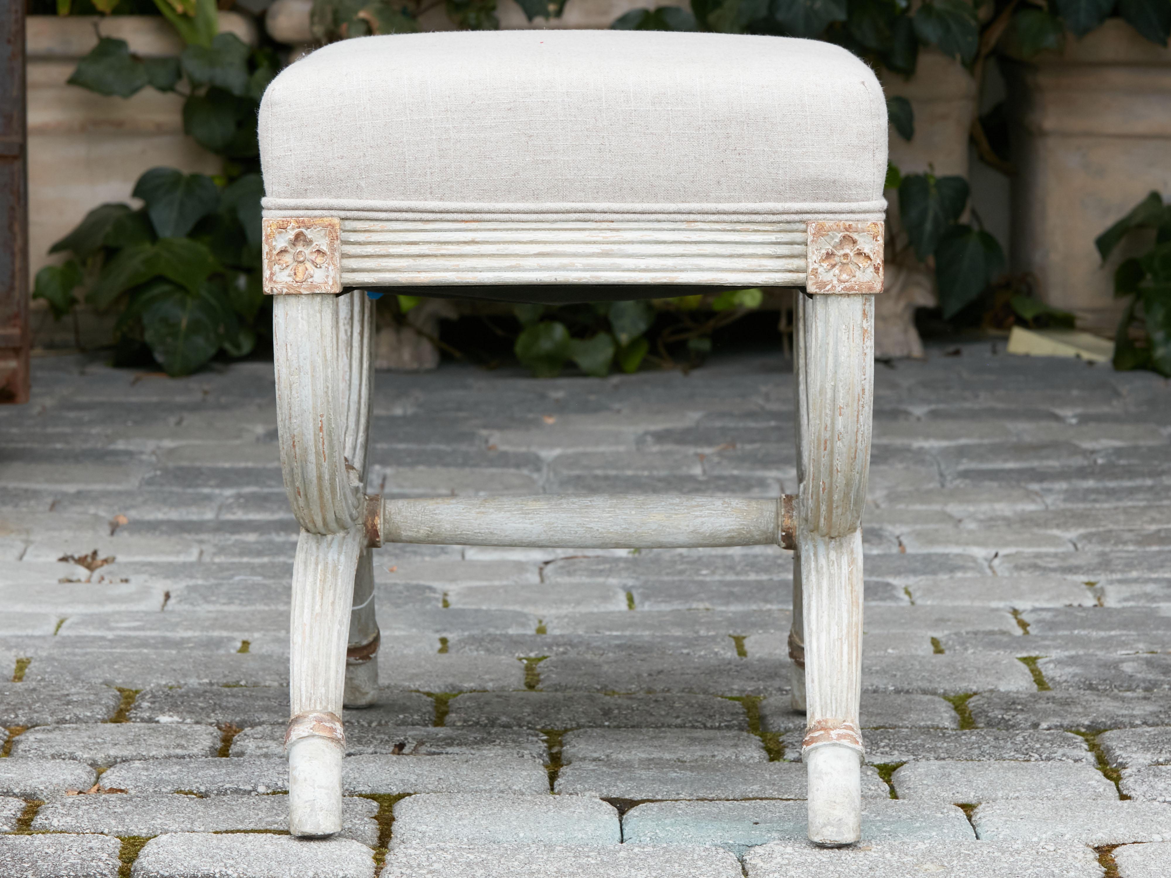 French, 1930s-1940s, Painted Wood Curule Stool with X-Form Base and Upholstery 3