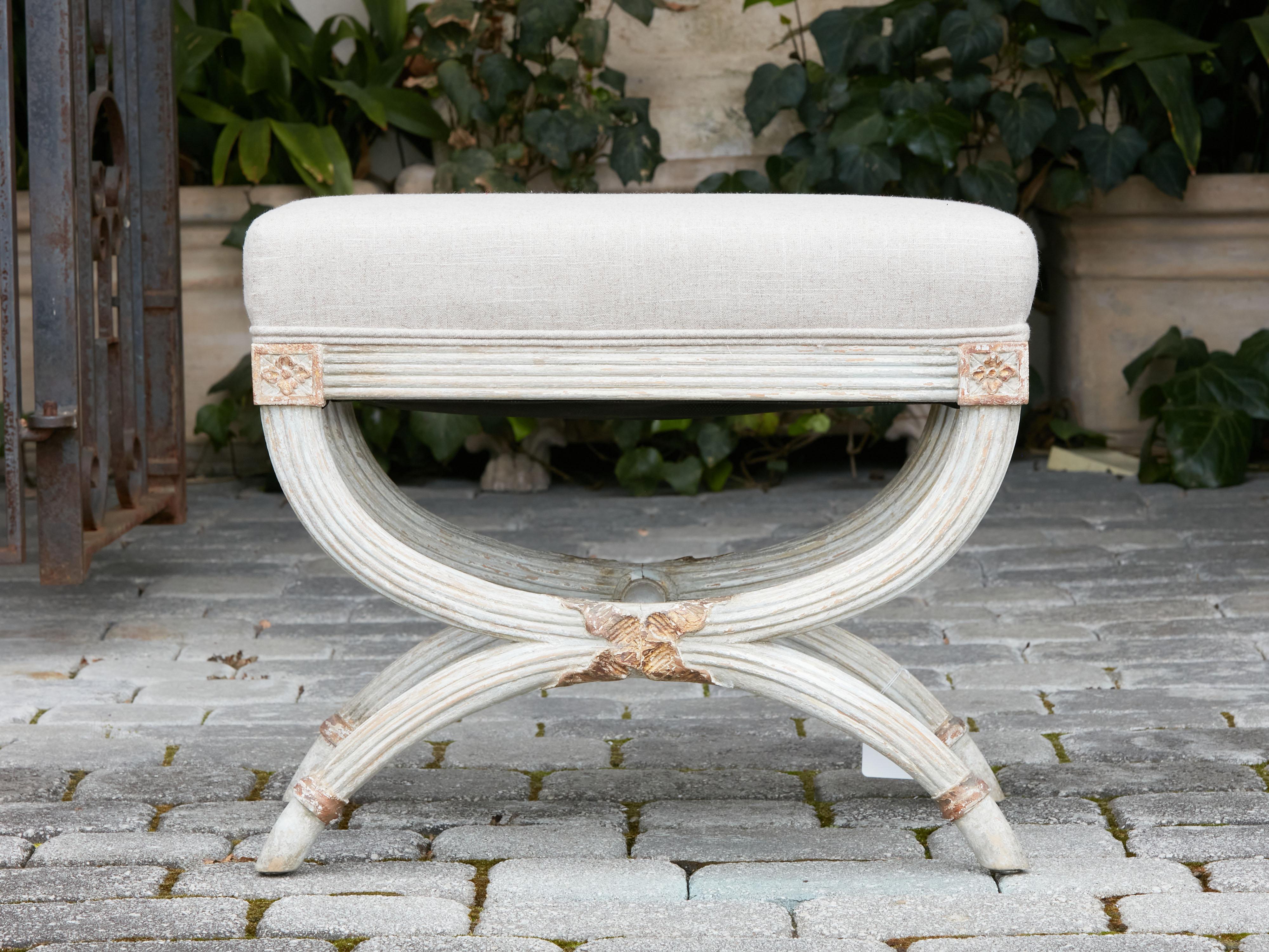 French, 1930s-1940s, Painted Wood Curule Stool with X-Form Base and Upholstery 4