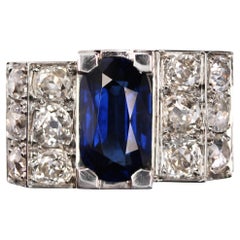 Vintage French 1930s 2.50 Carats Sapphire Diamonds Platinum Ring