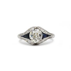 French 1930s Art Deco 1.30 Carat Diamond Sapphire Platinum Ring