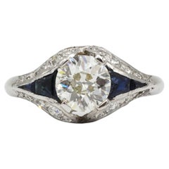 French 1930s Art Deco 1.30 Carat Diamond Sapphire Platinum Ring